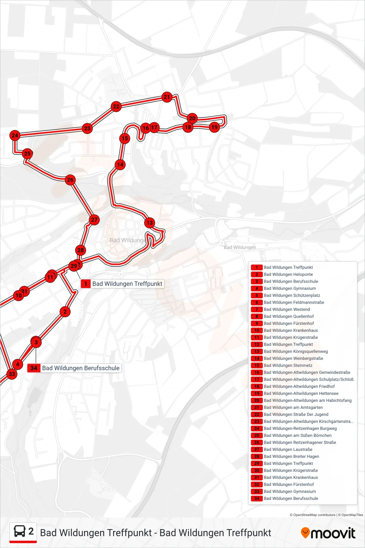 2 bus Line (Bad Wildungen Berufsschule) route and stops on a map