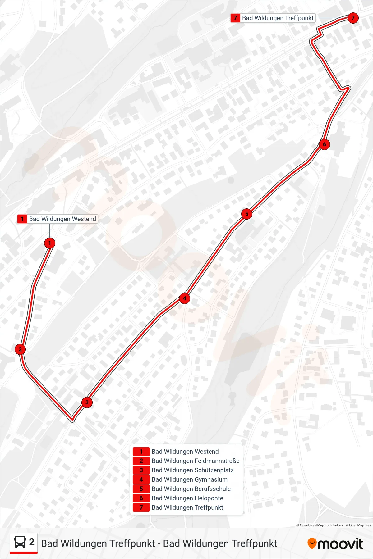 2 bus Line (Treffpunkt) route and stops on a map