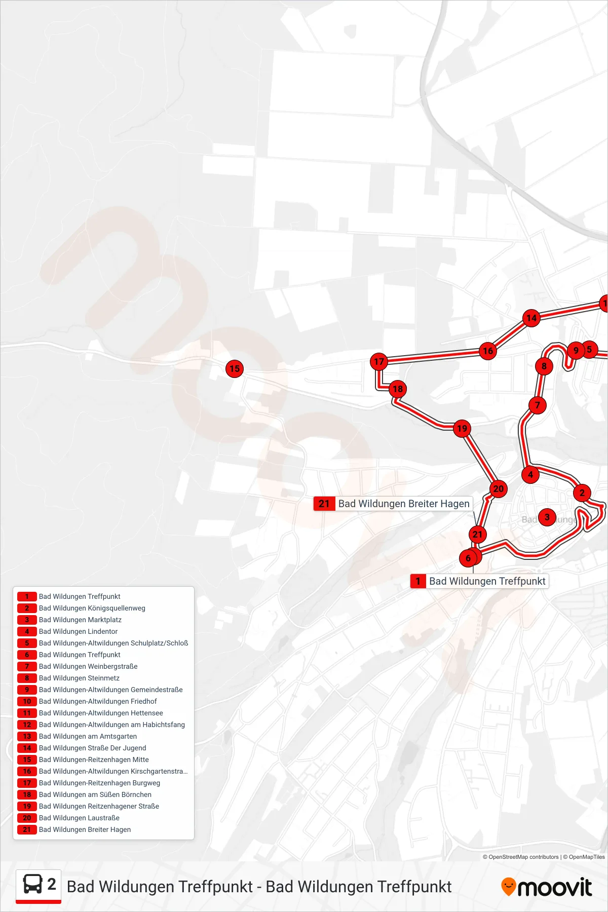 2 bus Line (Treffpunkt Via Altwildungen) route and stops on a map