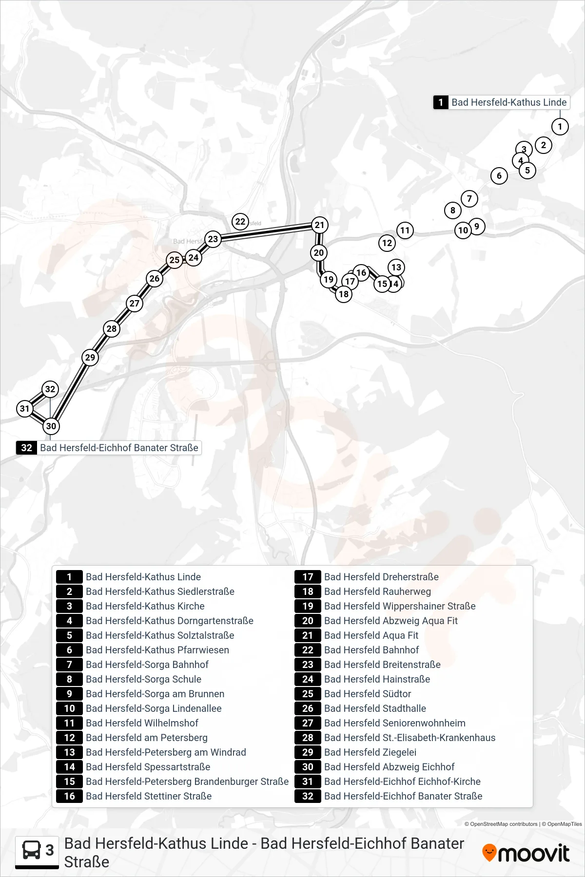 3 bus Line (Eichhof Via Breitenstraße) route and stops on a map