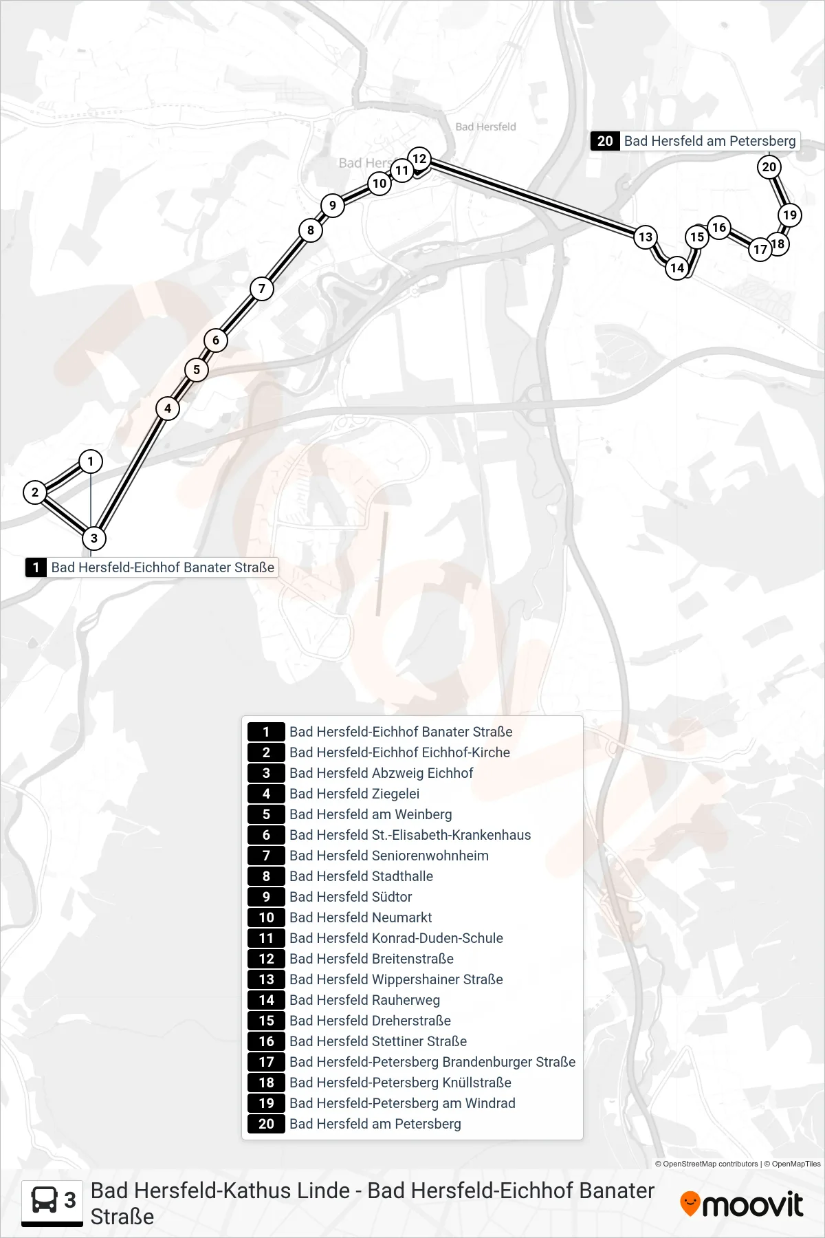 3 bus Line (Bad Hersfeld am Petersberg) route and stops on a map