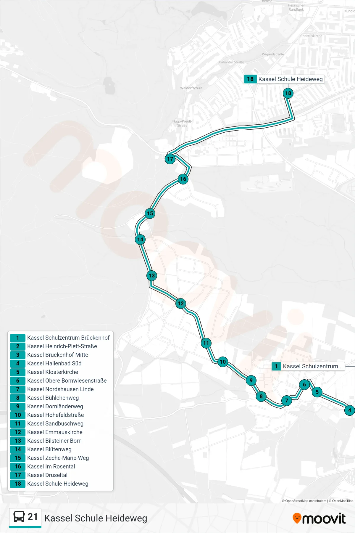 21 bus Line (Kassel Schule Heideweg) route and stops on a map