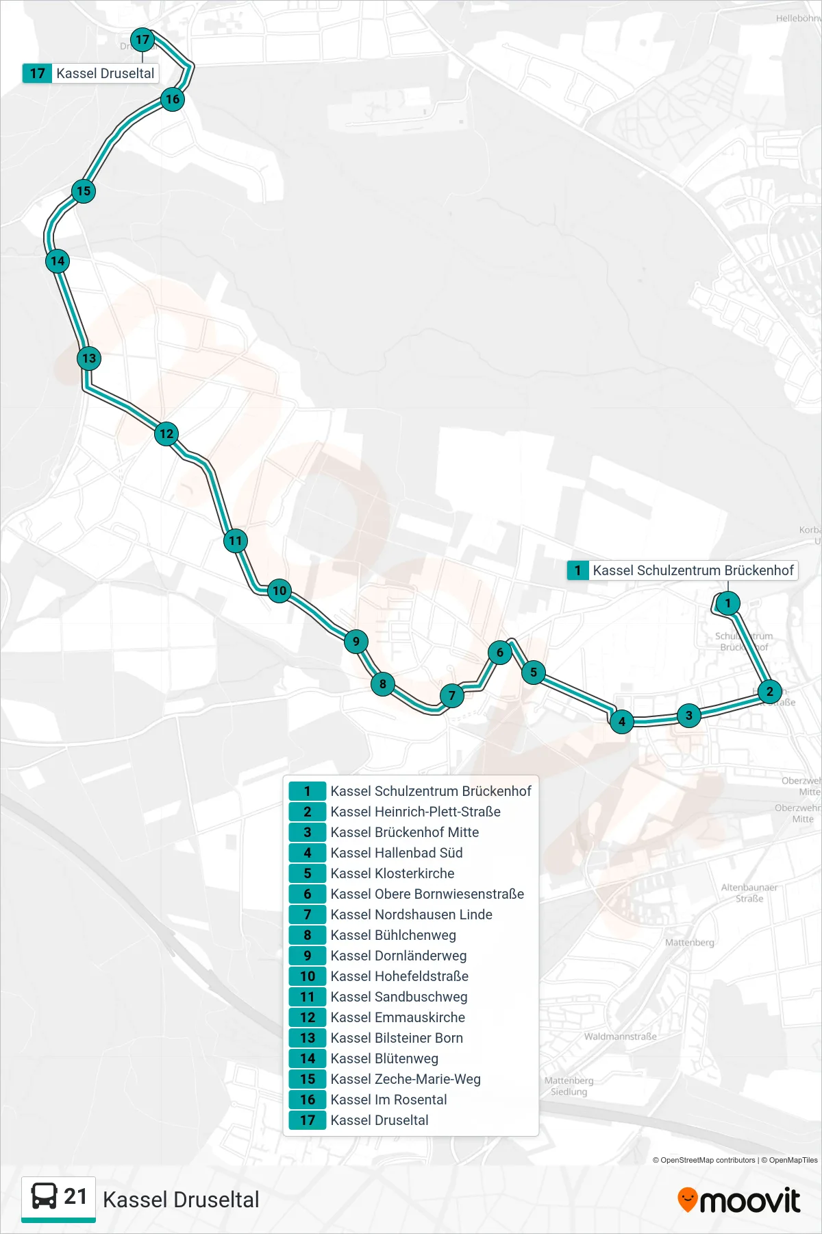 21 bus Line (Kassel Druseltal) route and stops on a map