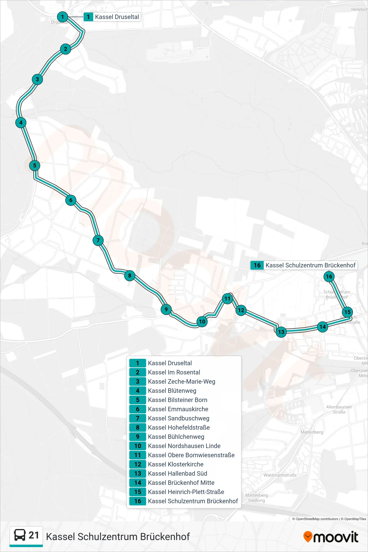 Linie 21 (Bus) Richtung Kassel Schulzentrum Brückenhof: Route und Haltestellen auf der Karte