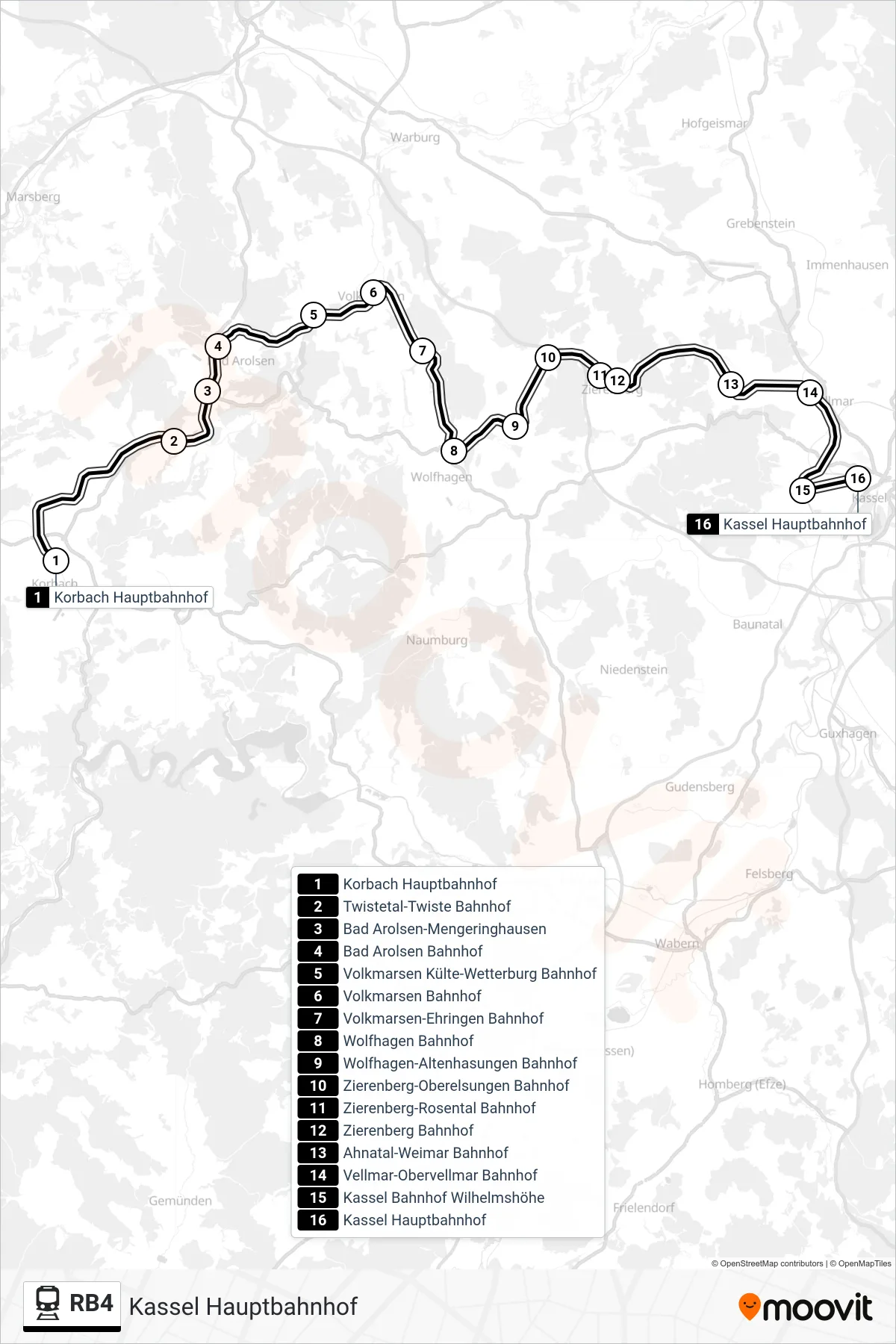 RB4 train Line (Kassel Hauptbahnhof) route and stops on a map