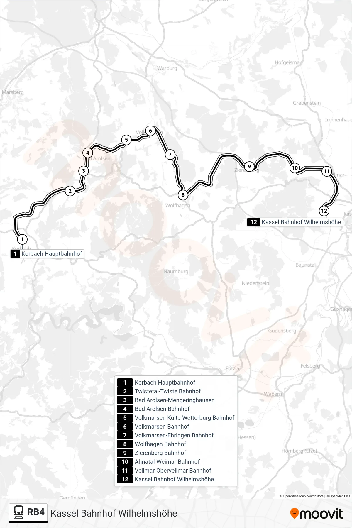 RB4 rail Line (Kassel Bahnhof Wilhelmshöhe) route and stops on a map