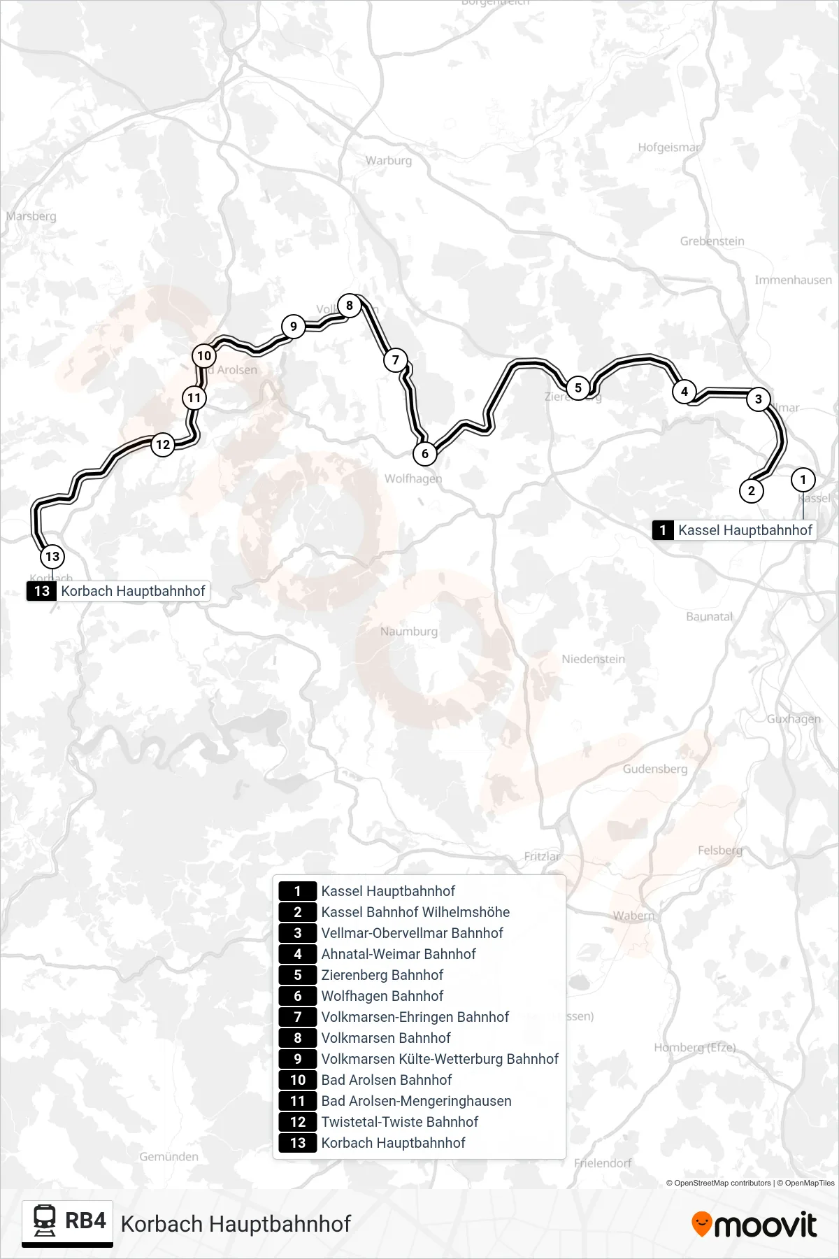 Linie RB4 (Bahn) Richtung Korbach Hauptbahnhof: Route und Haltestellen auf der Karte