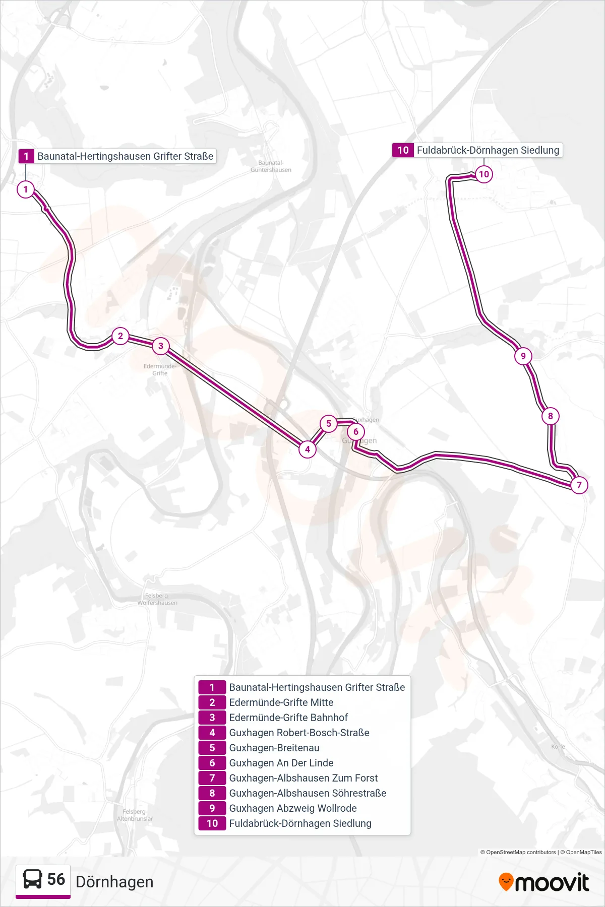 Linie 56 (Bus) Richtung Dörnhagen: Route und Haltestellen auf der Karte