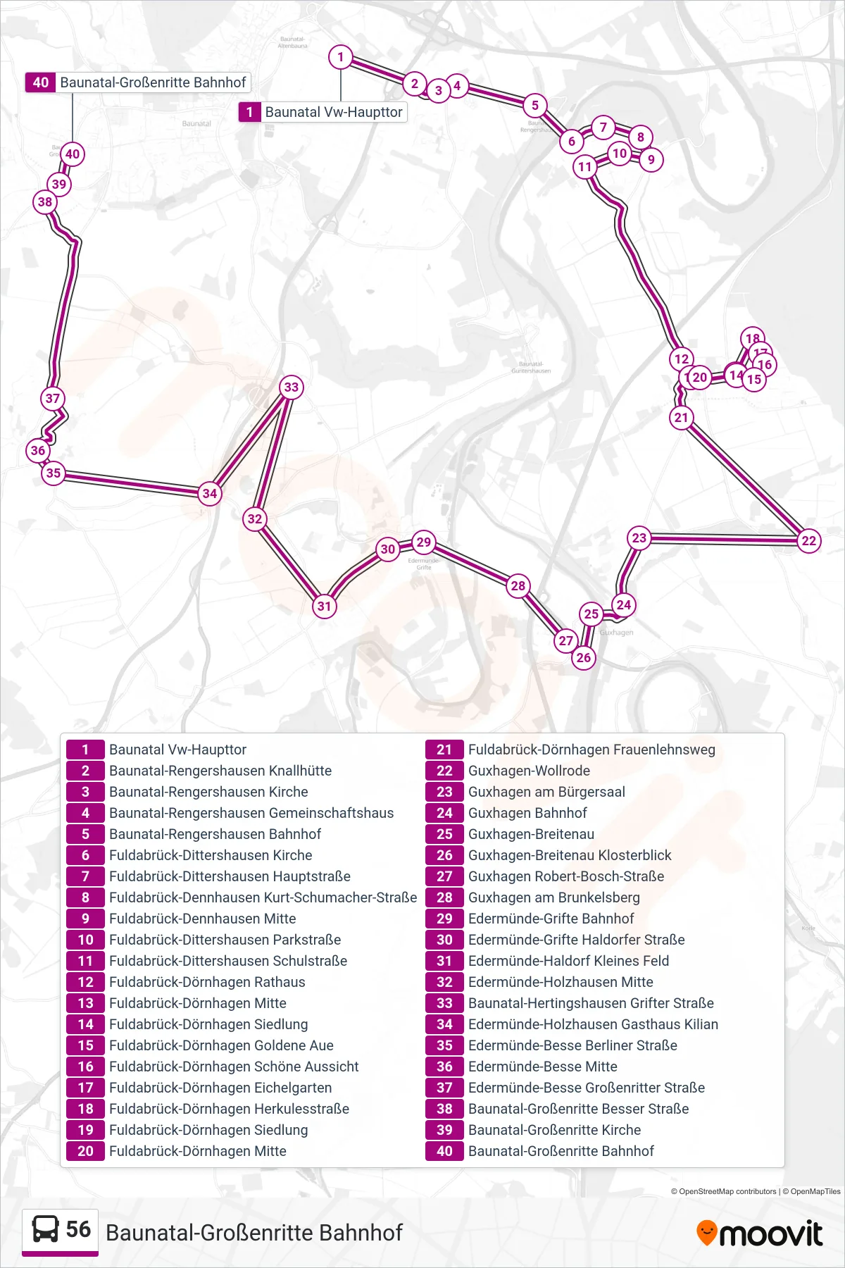 56 bus Line (Baunatal-Großenritte Bahnhof) route and stops on a map