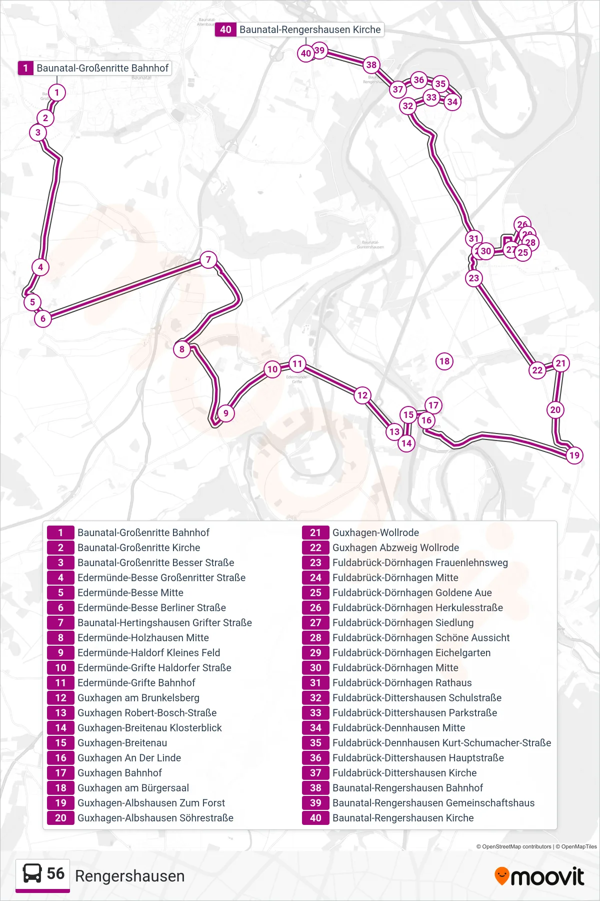 56 bus Line (Rengershausen) route and stops on a map
