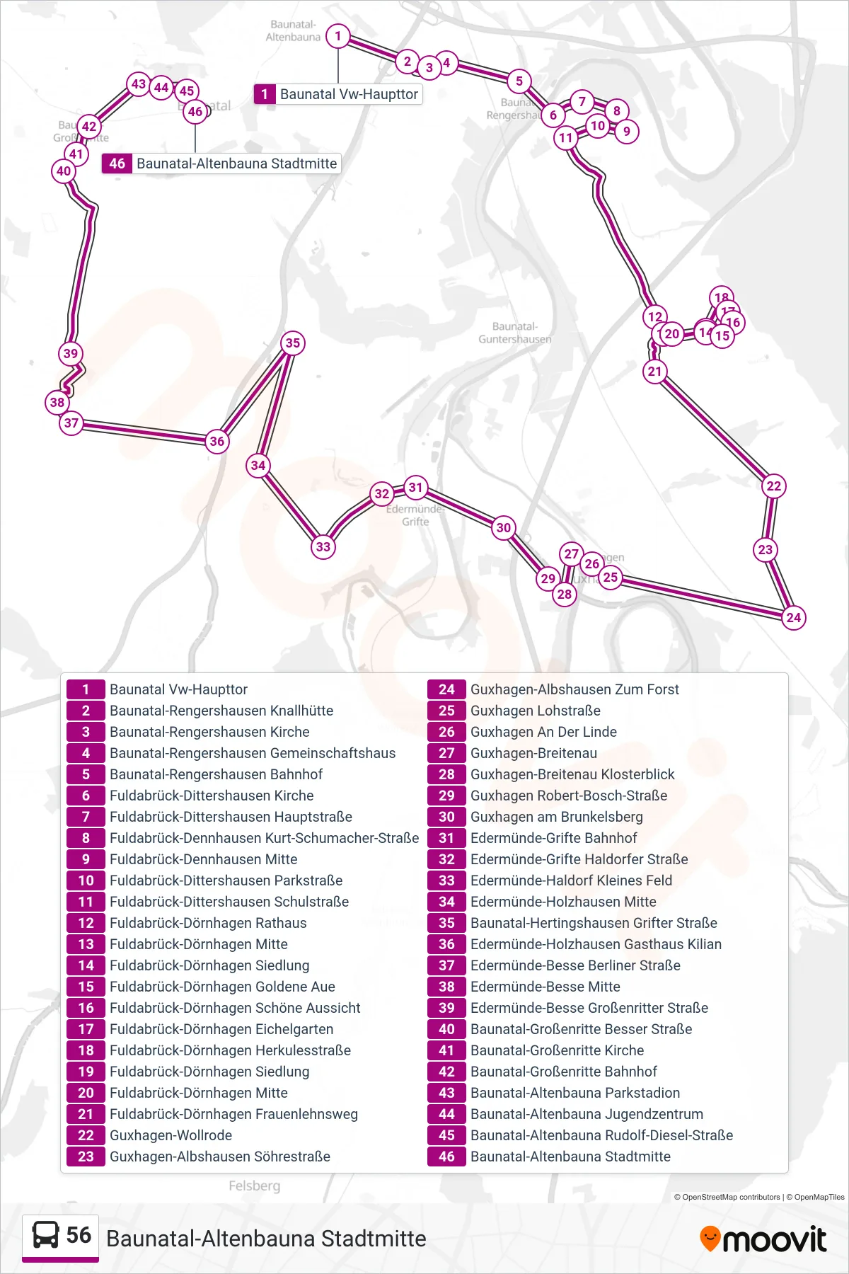 56 bus Line (Baunatal-Altenbauna Stadtmitte) route and stops on a map