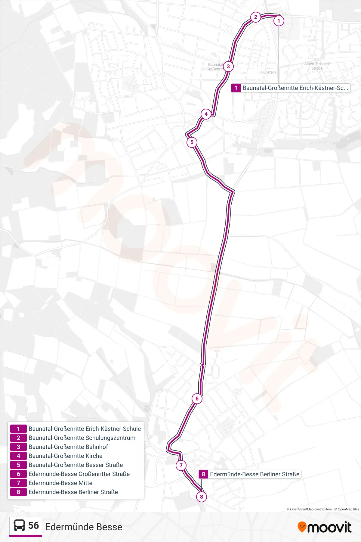 56 bus Line (Edermünde Besse) route and stops on a map