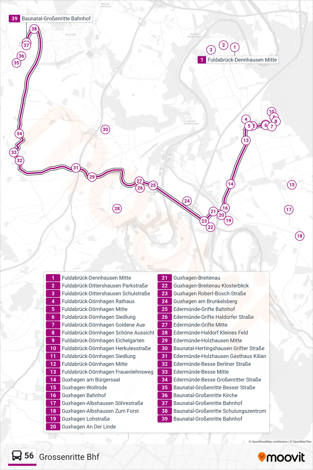 56 bus Line (Grossenritte Bhf) route and stops on a map