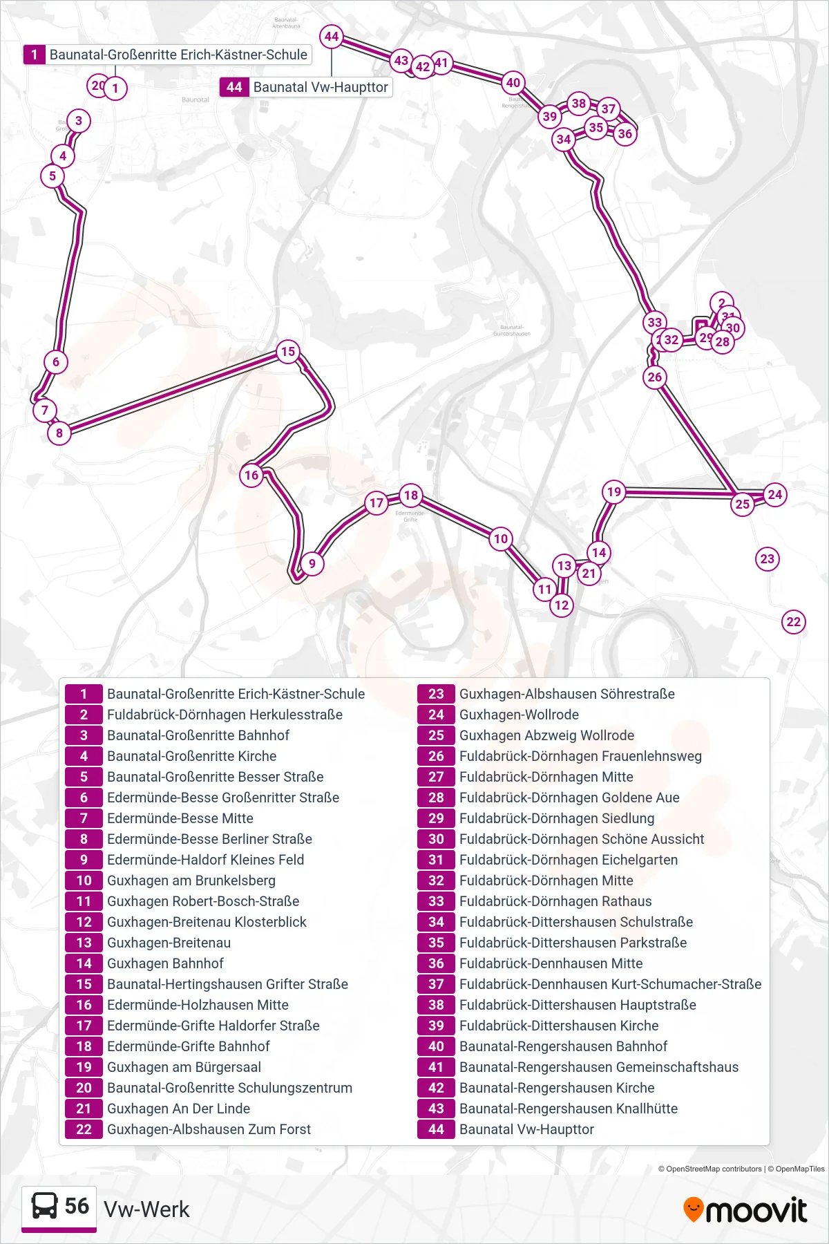 56 bus Line (Vw-Werk) route and stops on a map