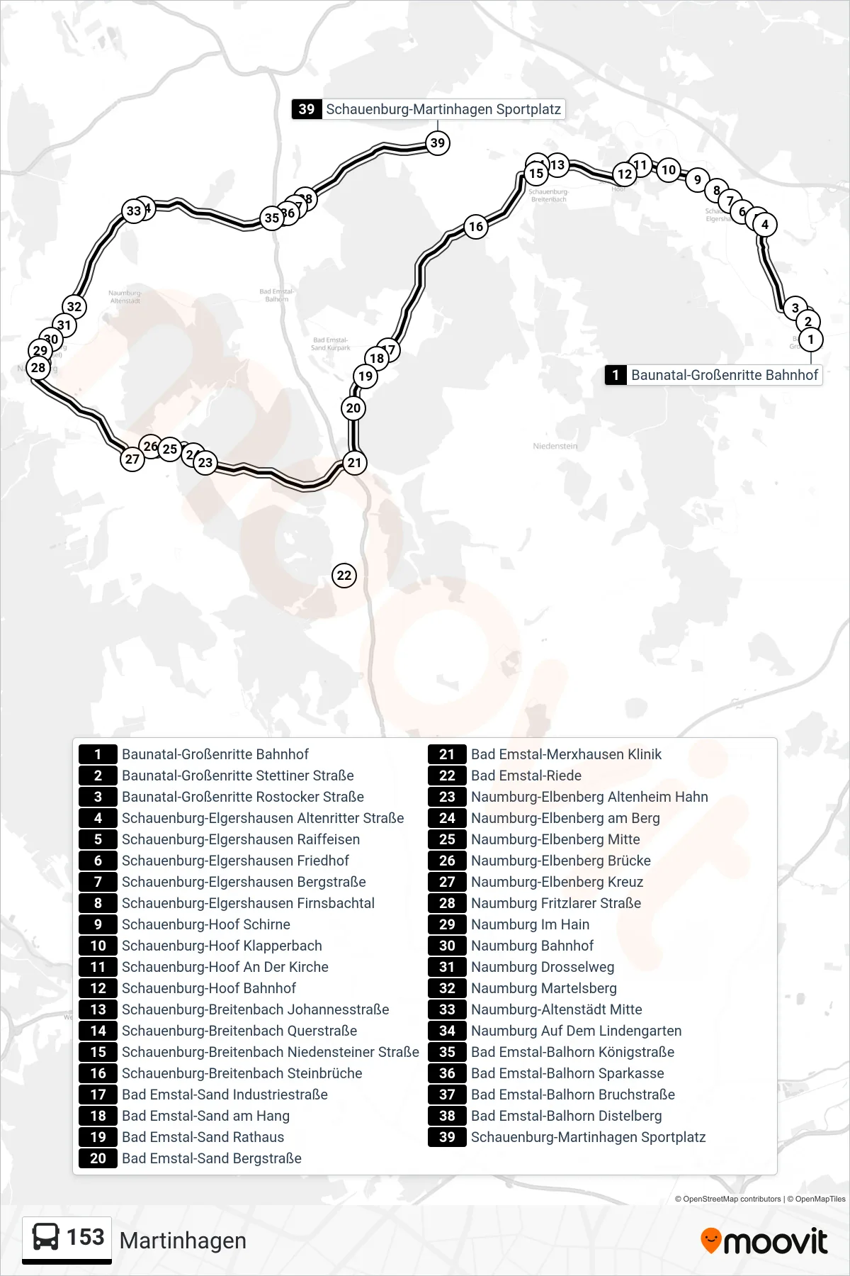 Linie 153 (Bus) Richtung Martinhagen: Route und Haltestellen auf der Karte