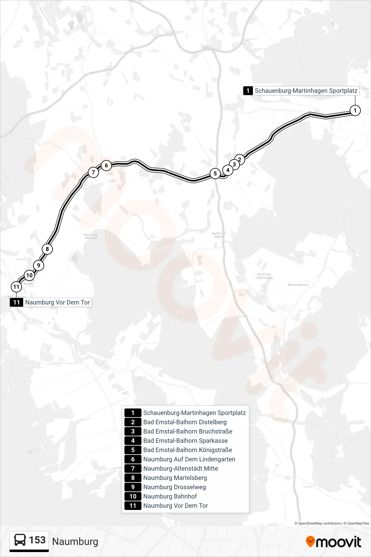 153 bus Line (Naumburg) route and stops on a map