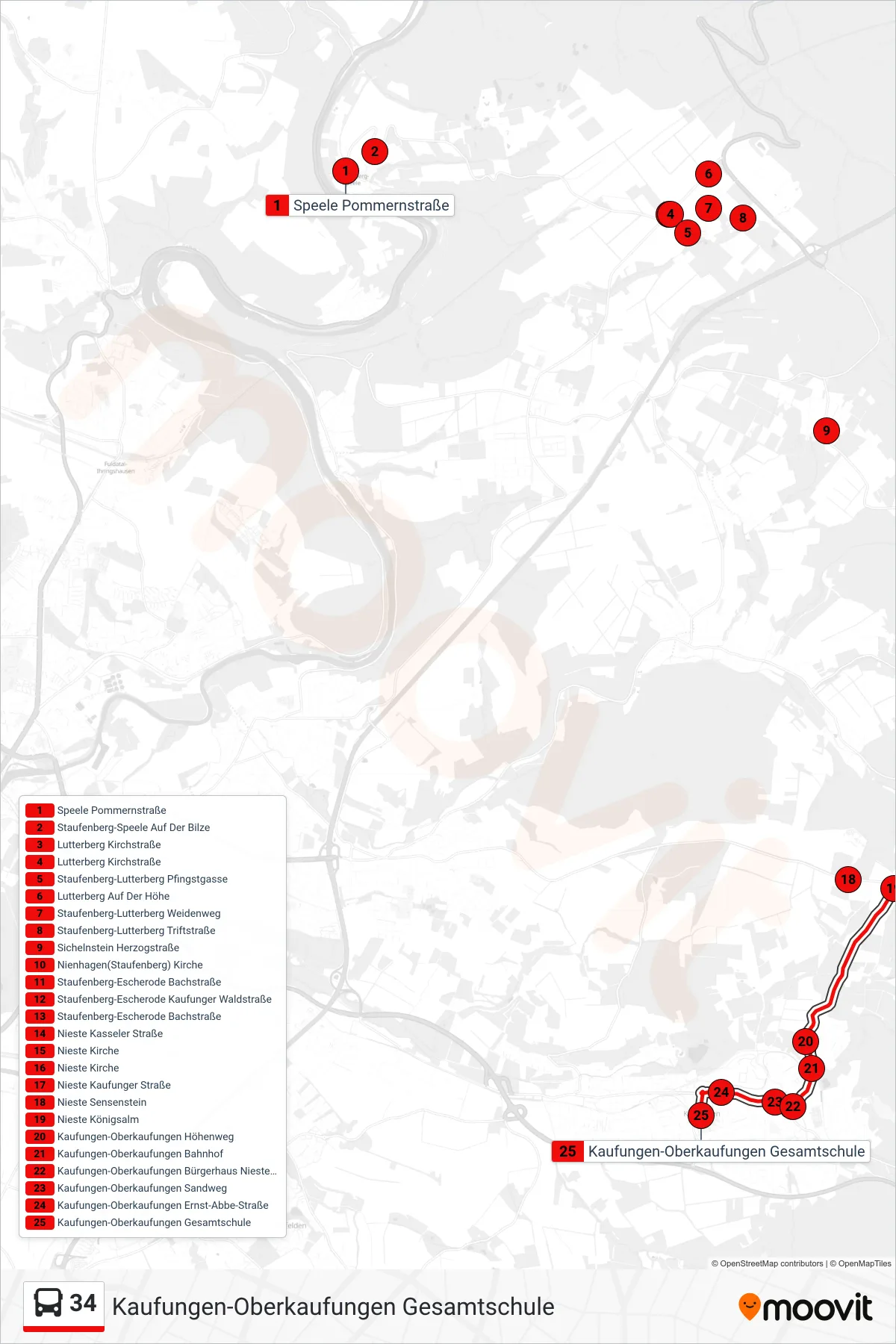 34 bus Line (Kaufungen-Oberkaufungen Gesamtschule) route and stops on a map