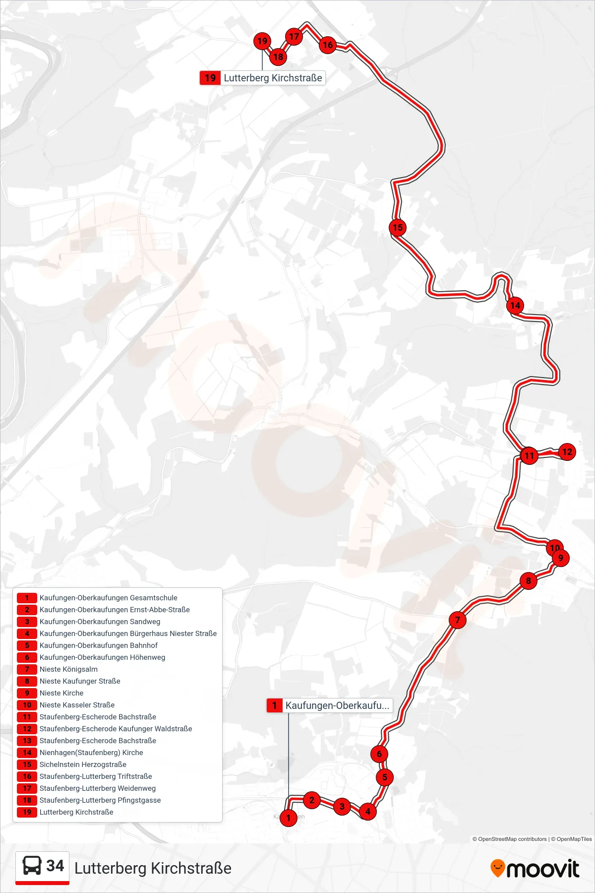 34 bus Line (Lutterberg Kirchstraße) route and stops on a map