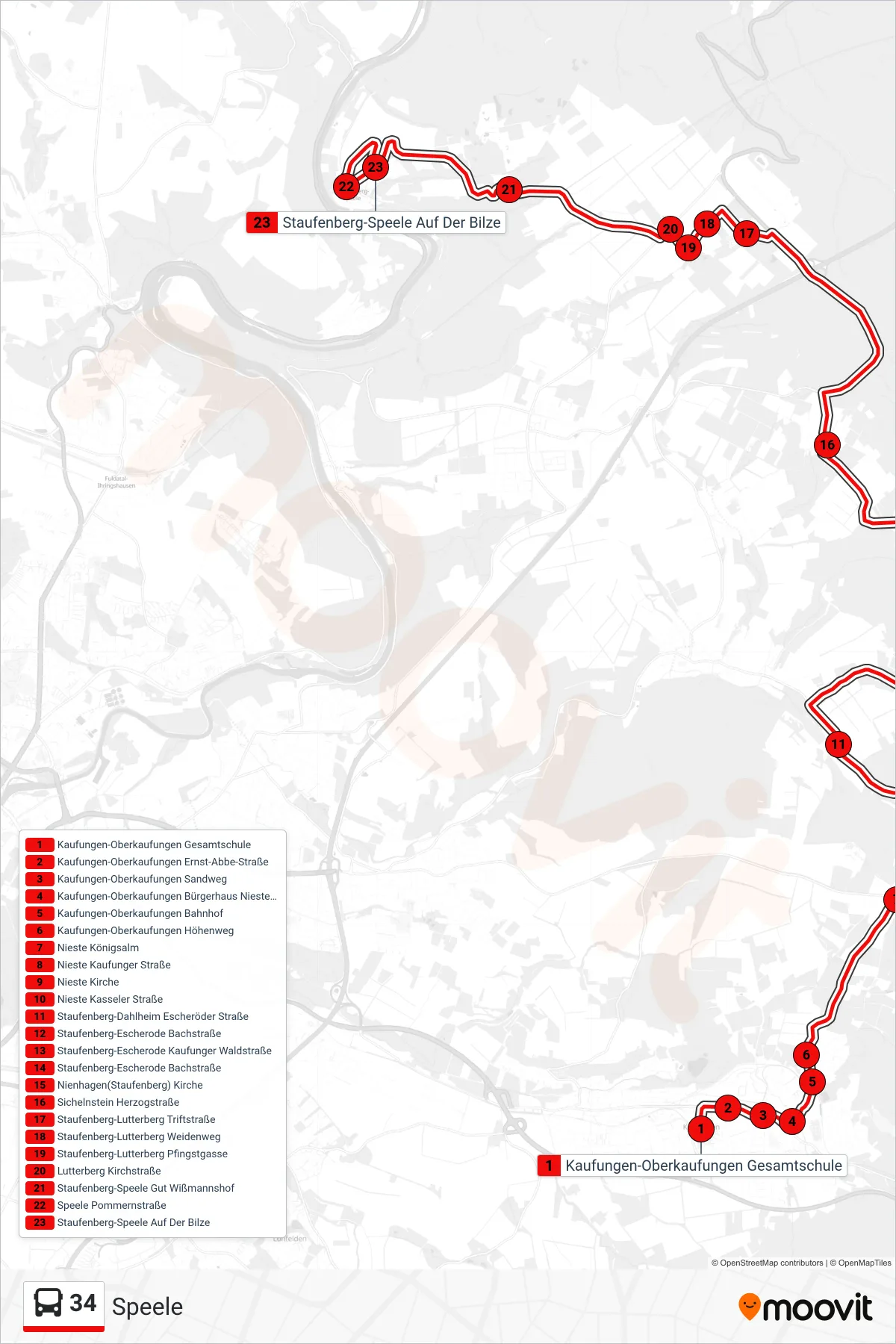 34 bus Line (Speele) route and stops on a map