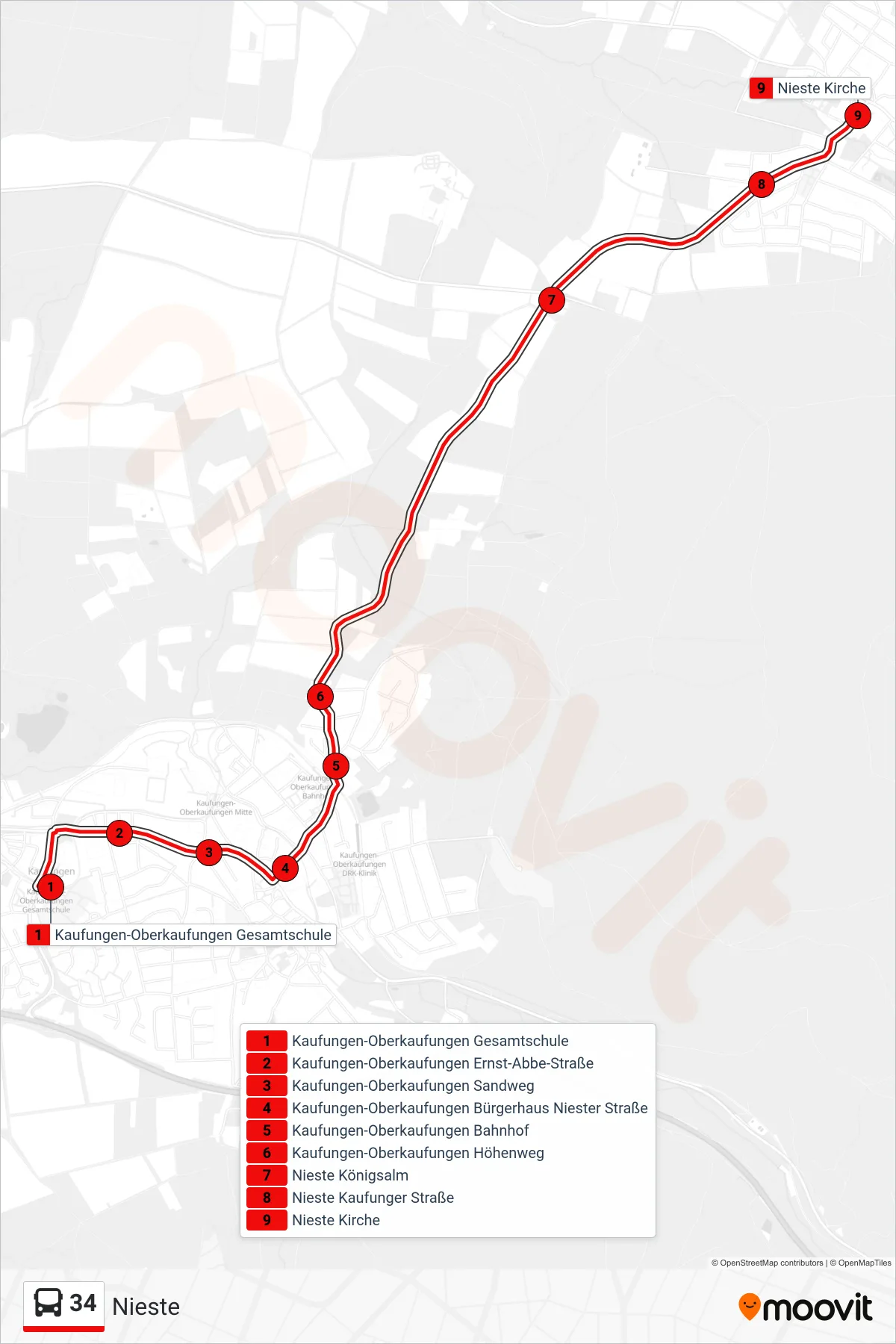 Linie 34 (Bus) Richtung Nieste: Route und Haltestellen auf der Karte