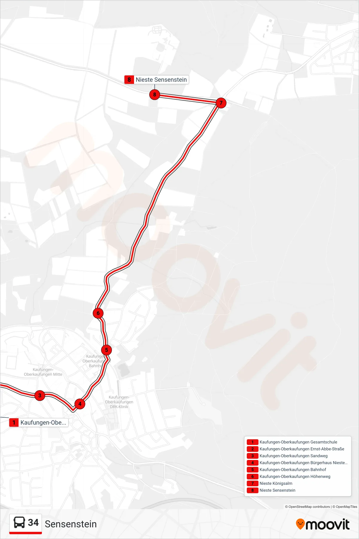 34 bus Line (Sensenstein) route and stops on a map