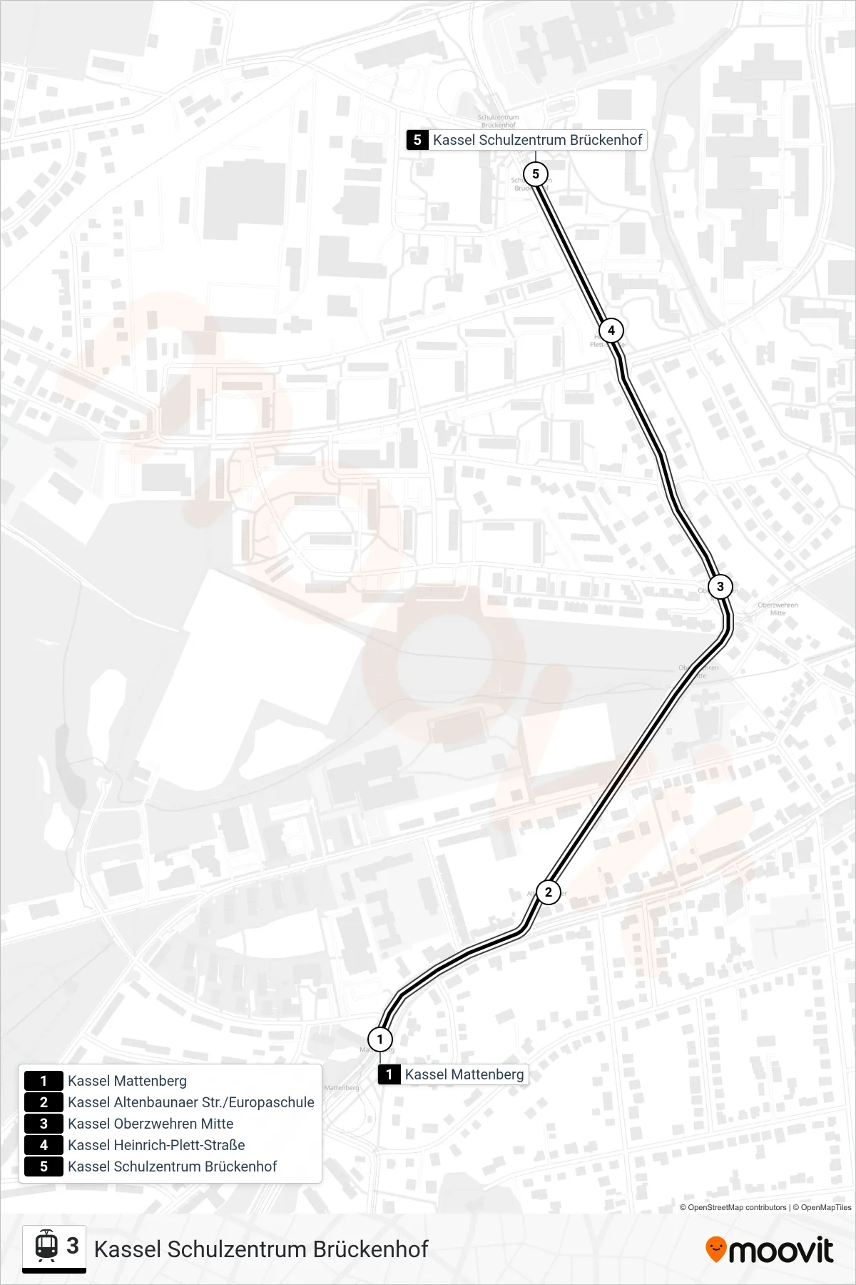 3 light rail Line (Kassel Schulzentrum Brückenhof) route and stops on a map