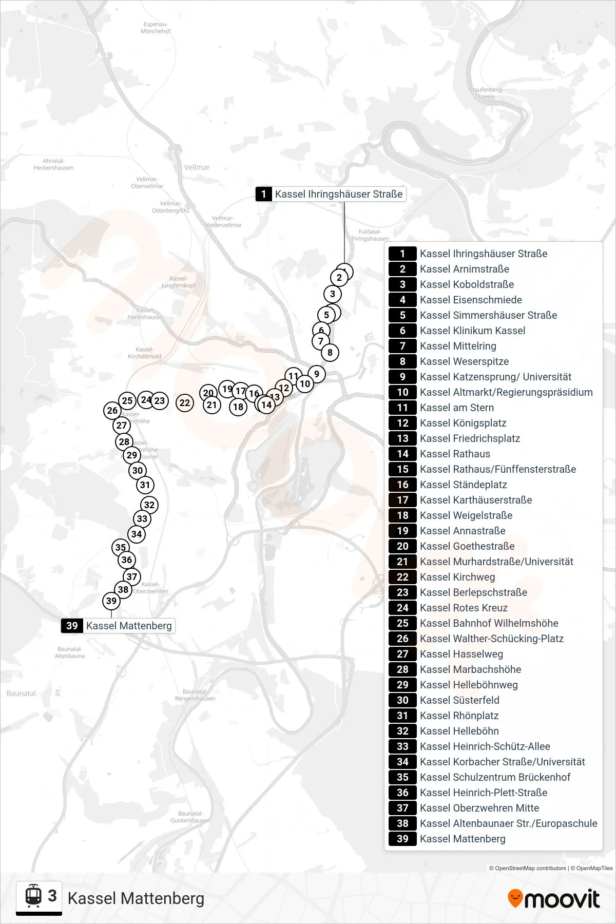 3 light rail Line (Kassel Mattenberg) route and stops on a map