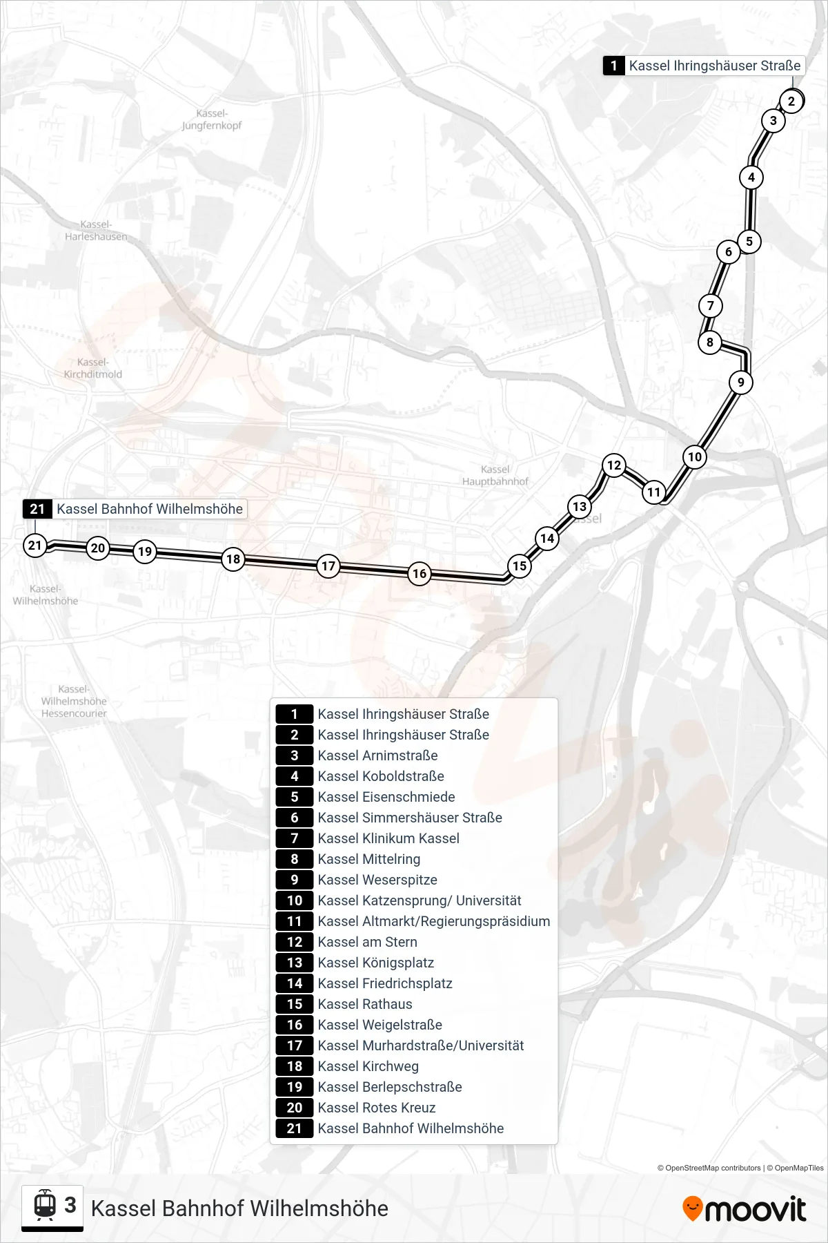 Linie 3 (Straßenbahn) Richtung Kassel Bahnhof Wilhelmshöhe: Route und Haltestellen auf der Karte