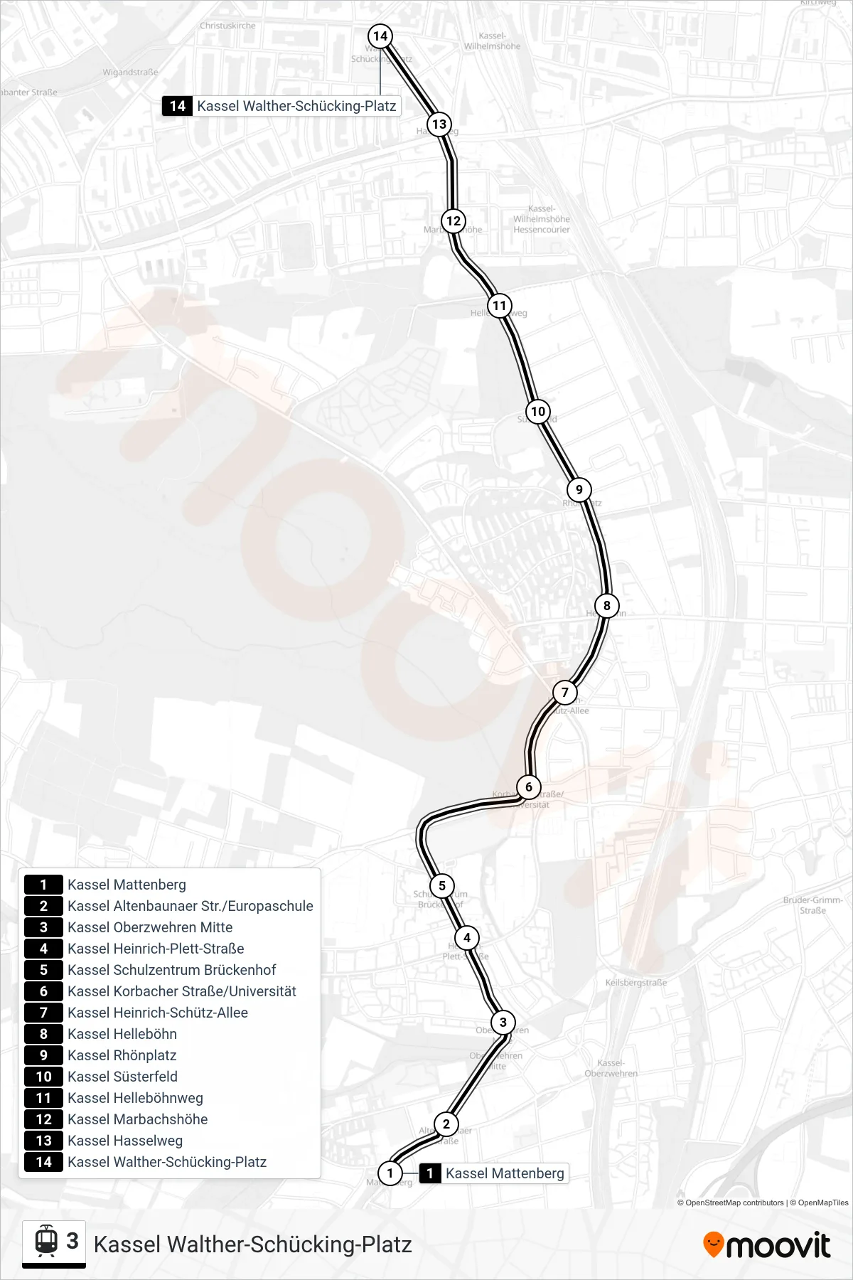 3 light rail Line (Kassel Walther-Schücking-Platz) route and stops on a map