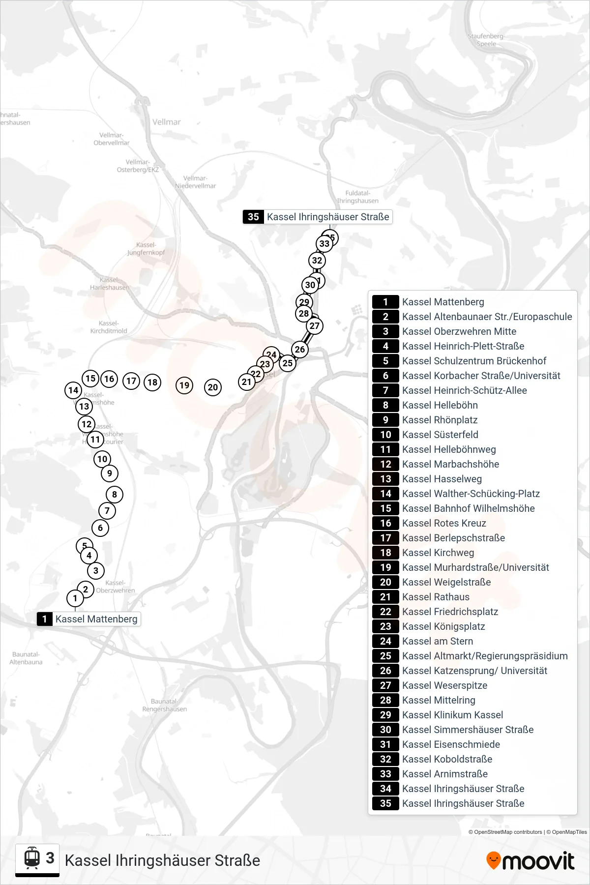 3 tram Line (Kassel Ihringshäuser Straße) route and stops on a map