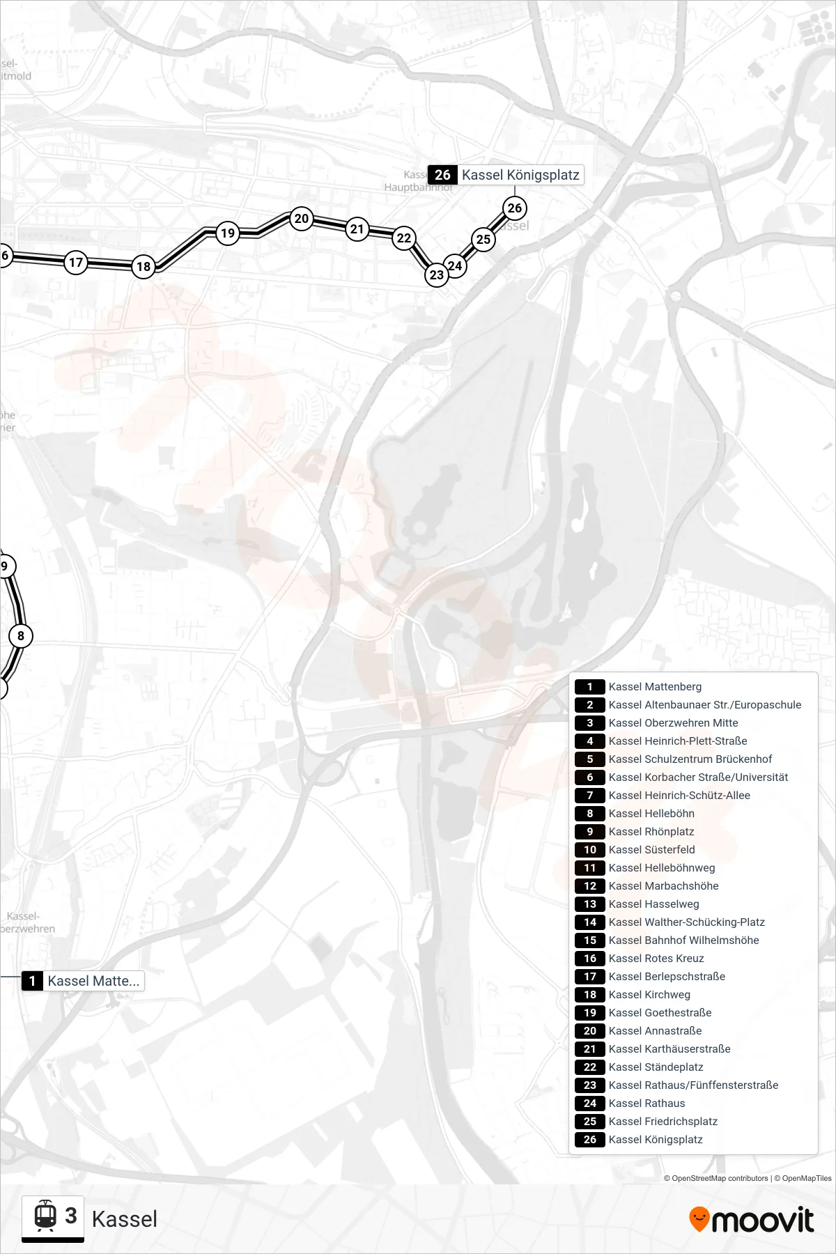 3 tram Line (Kassel) route and stops on a map