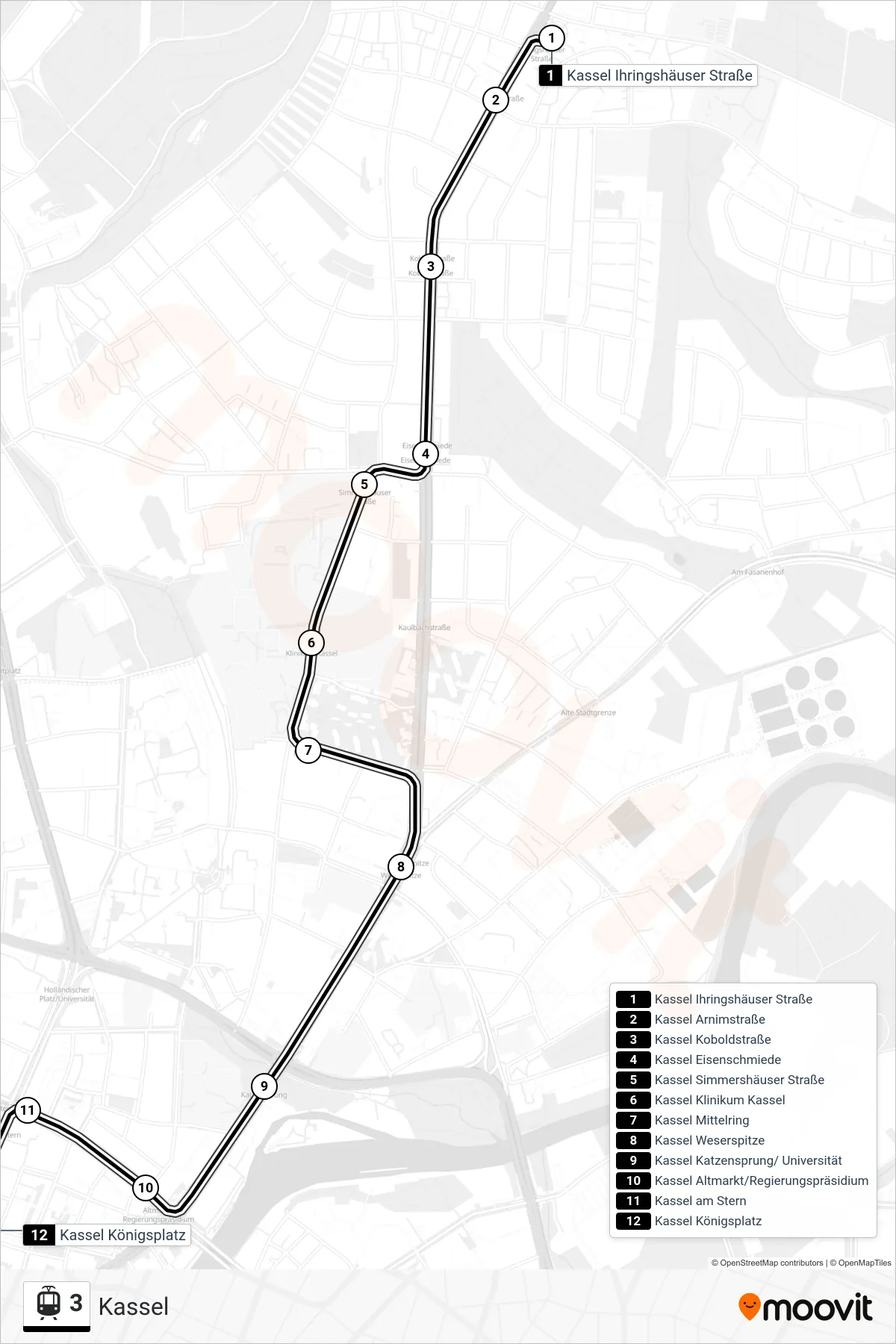 3 light rail Line (Kassel) route and stops on a map