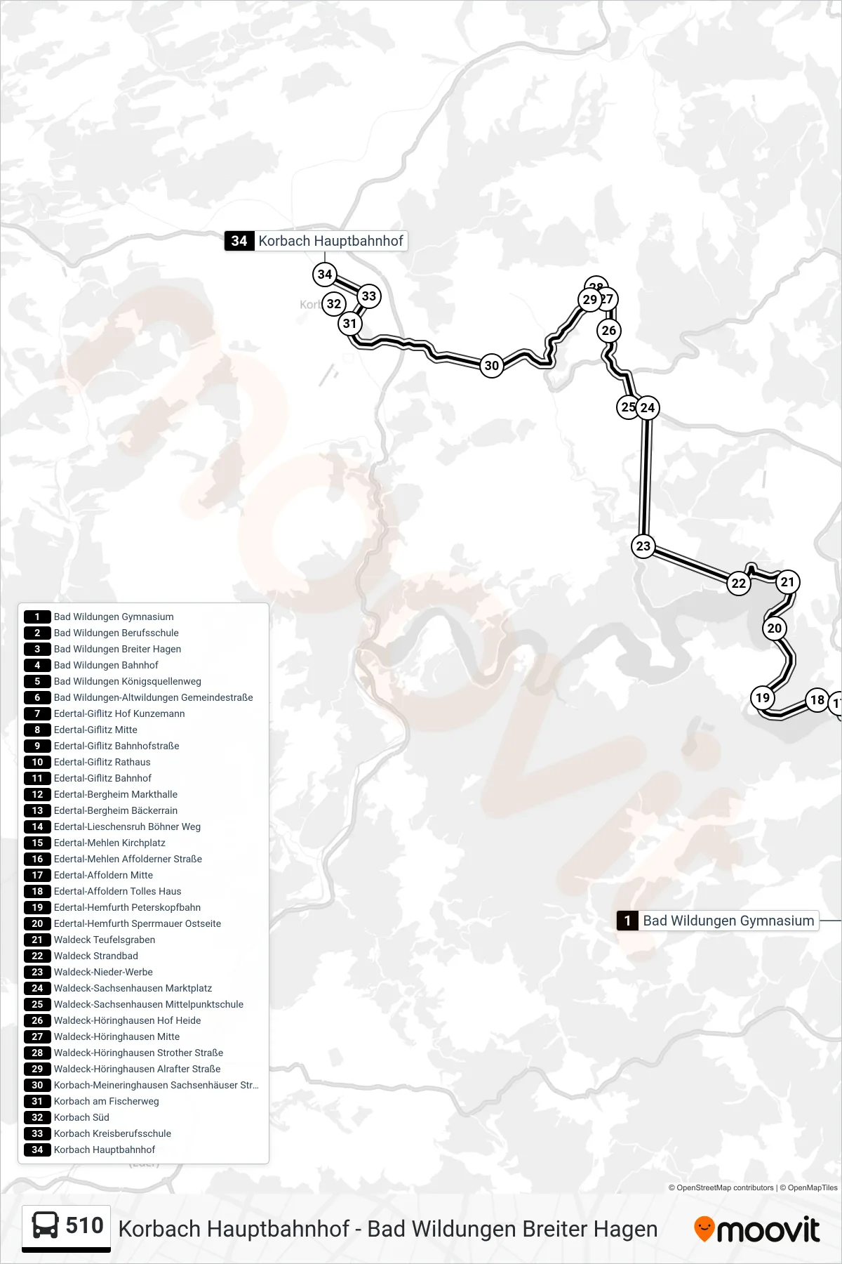 Linie 510 (Bus) Richtung Korbach Hauptbahnhof: Route und Haltestellen auf der Karte