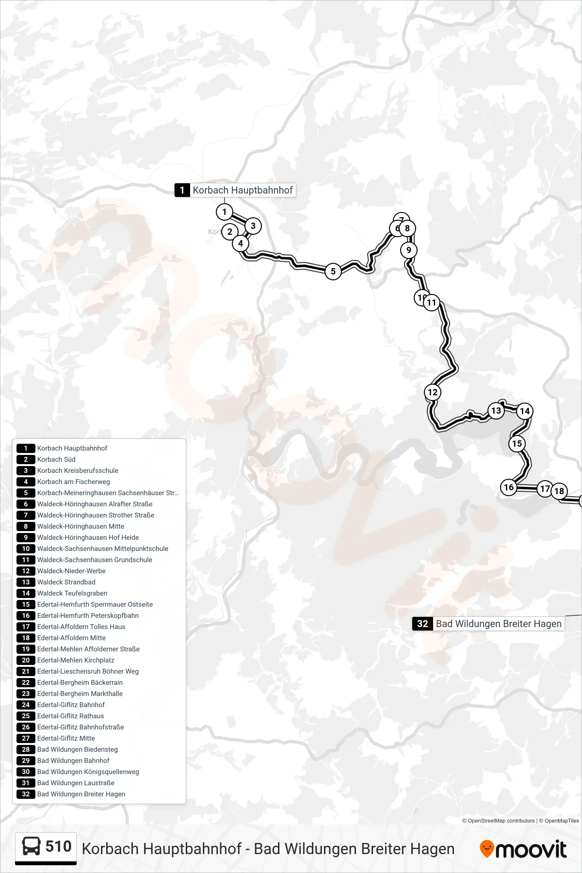 510 bus Line (Bad Wildungen) route and stops on a map