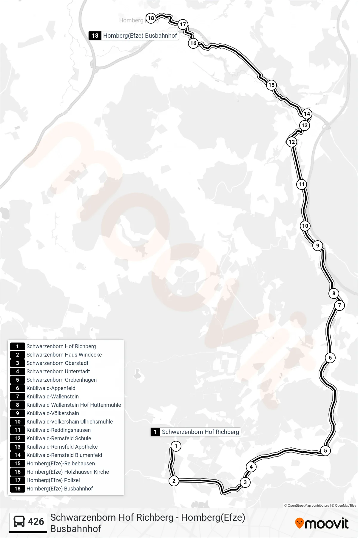 426 bus Line (Homberg(Efze) Busbahnhof) route and stops on a map