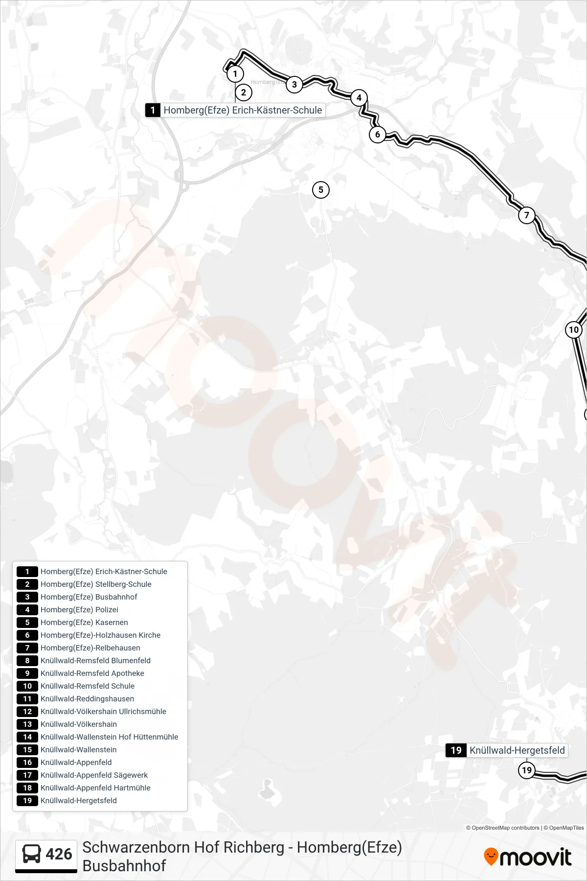 426 bus Line (Knüllwald-Hergetsfeld) route and stops on a map