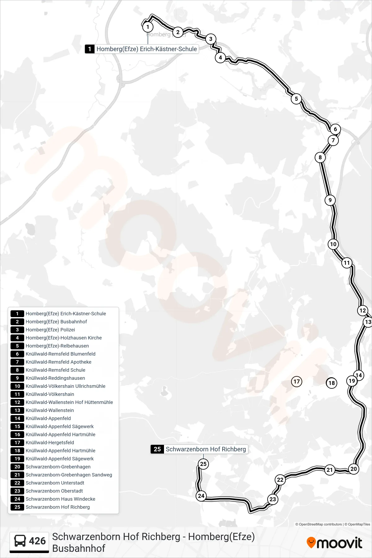 426 bus Line (Schwarzenborn, Hof Richberg) route and stops on a map