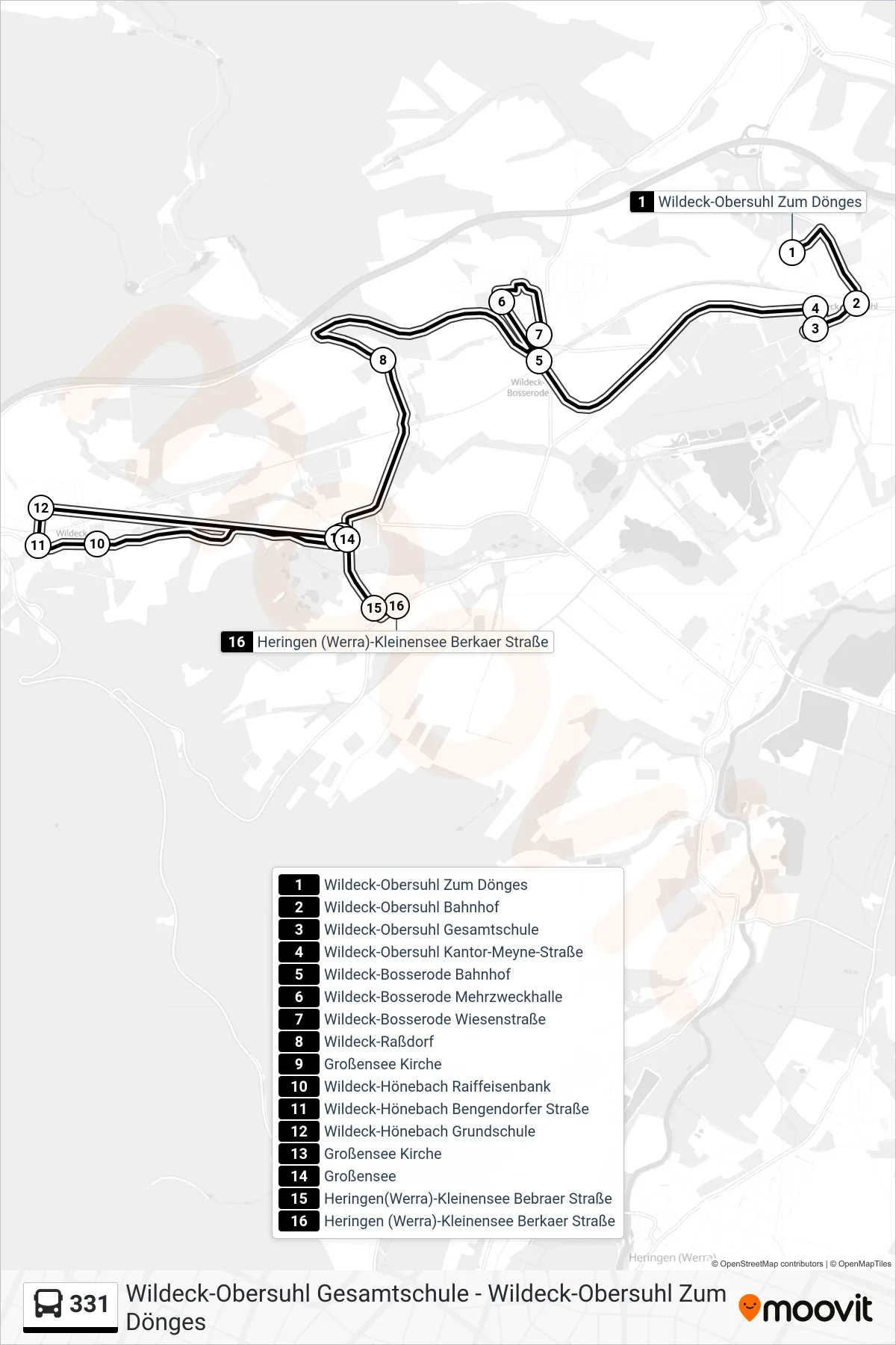 331 bus Line (Heringen-Kleinensee) route and stops on a map
