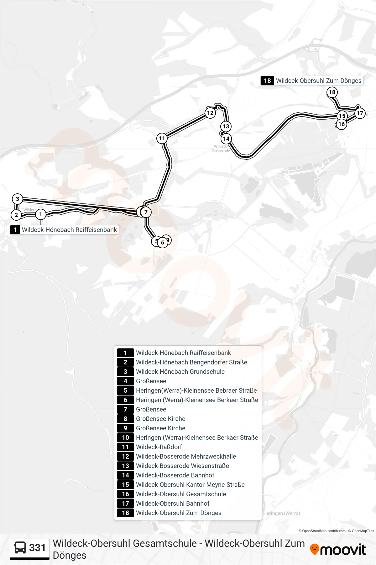 331 bus Line (Obersuhl) route and stops on a map