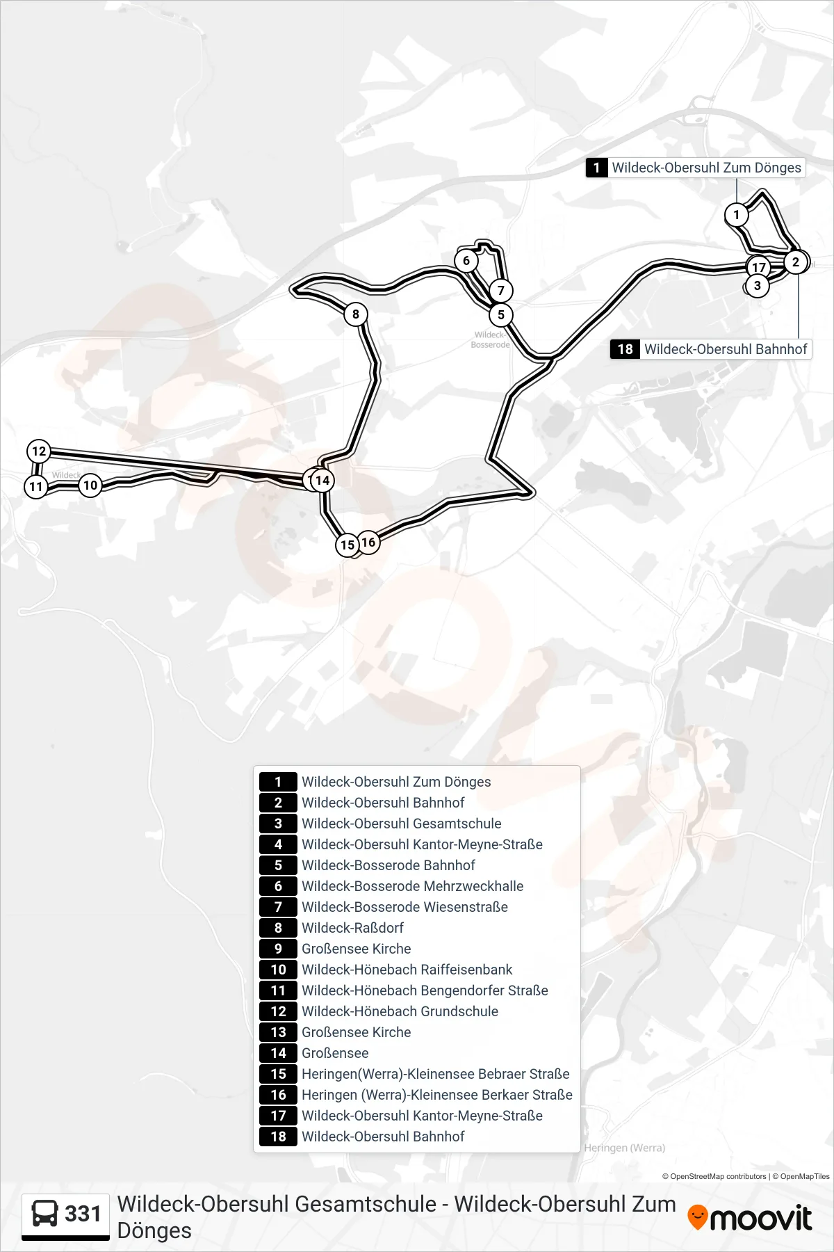 Linie 331 (Bus) Richtung Wildeck-Obersuhl Zum Dönges: Route und Haltestellen auf der Karte