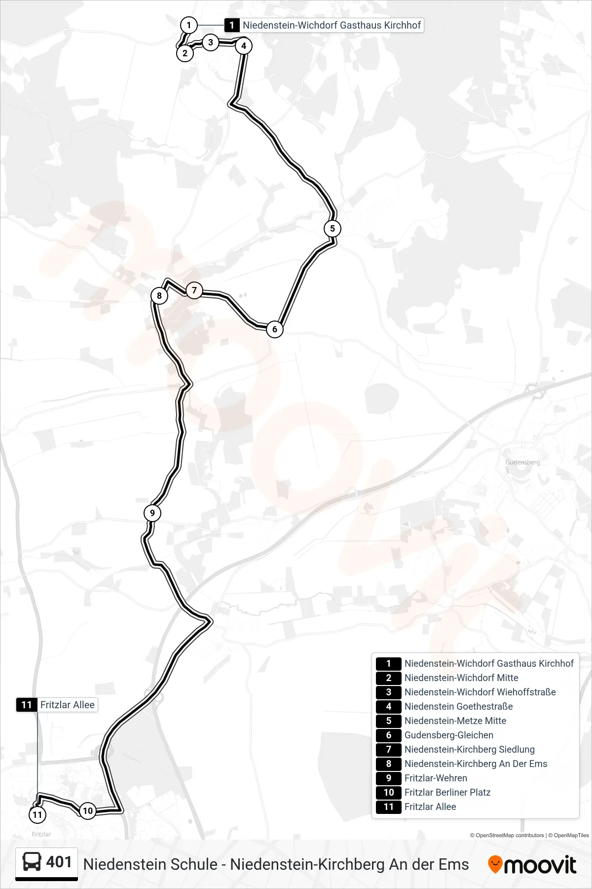 401 bus Line (Fritzlar Allee) route and stops on a map