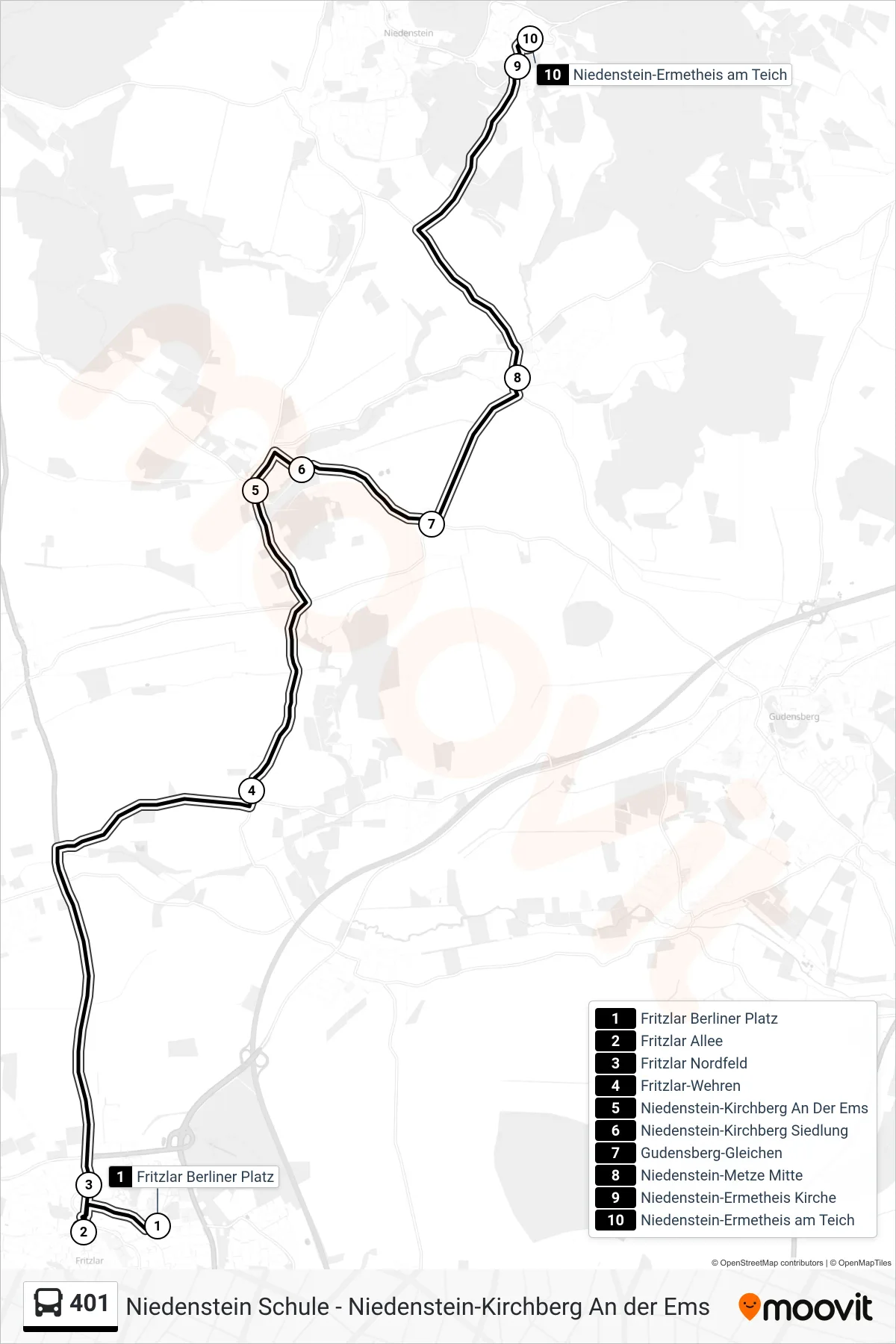 401 bus Line (Niedenstein-Ermetheis) route and stops on a map