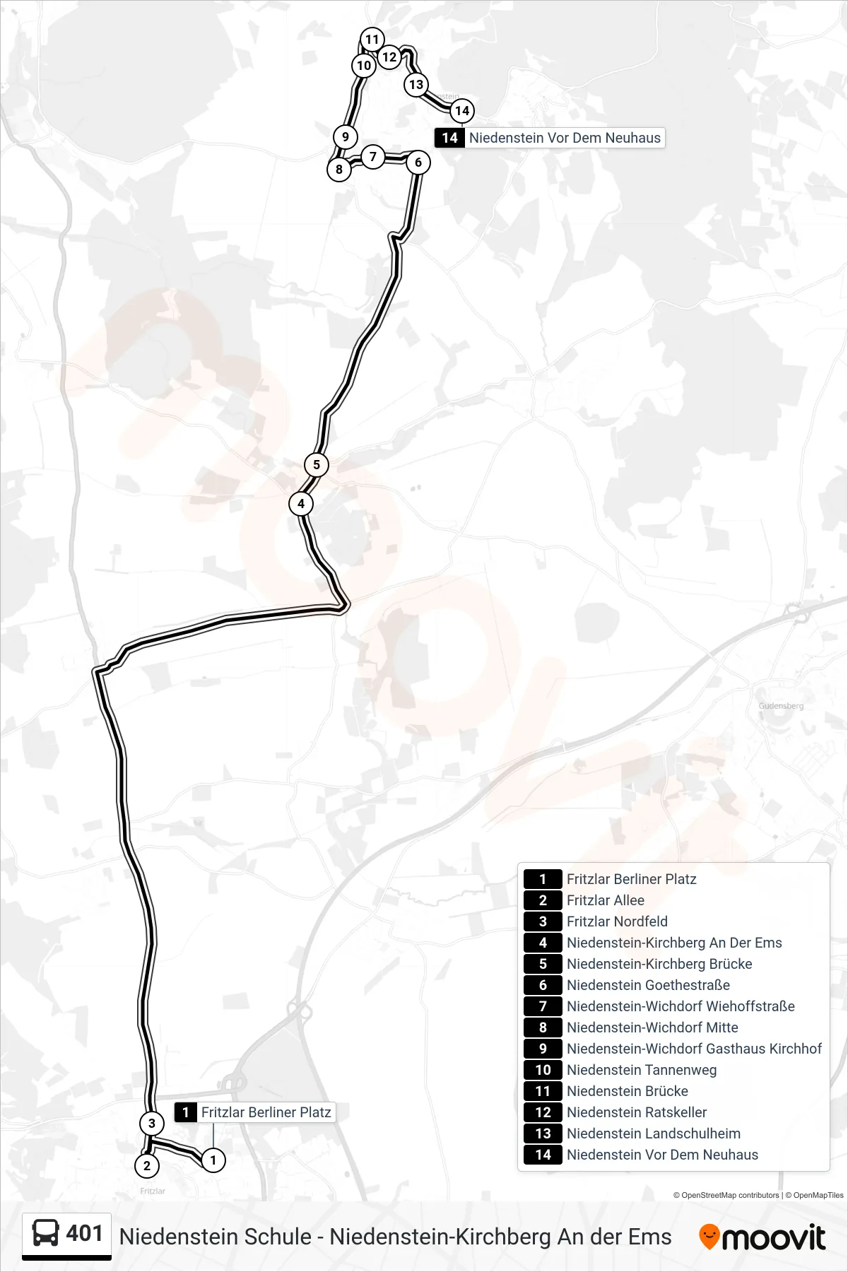 401 bus Line (Niedenstein Via Wichdorf) route and stops on a map