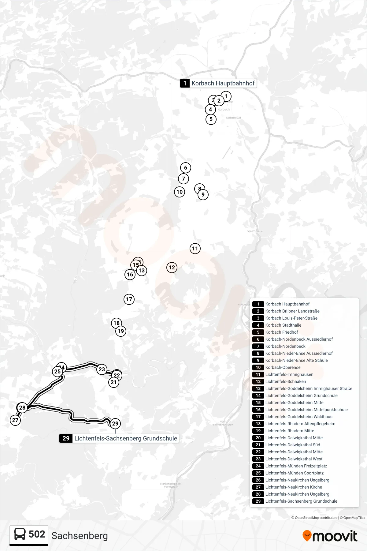 Linie 502 (Bus) Richtung Sachsenberg: Route und Haltestellen auf der Karte
