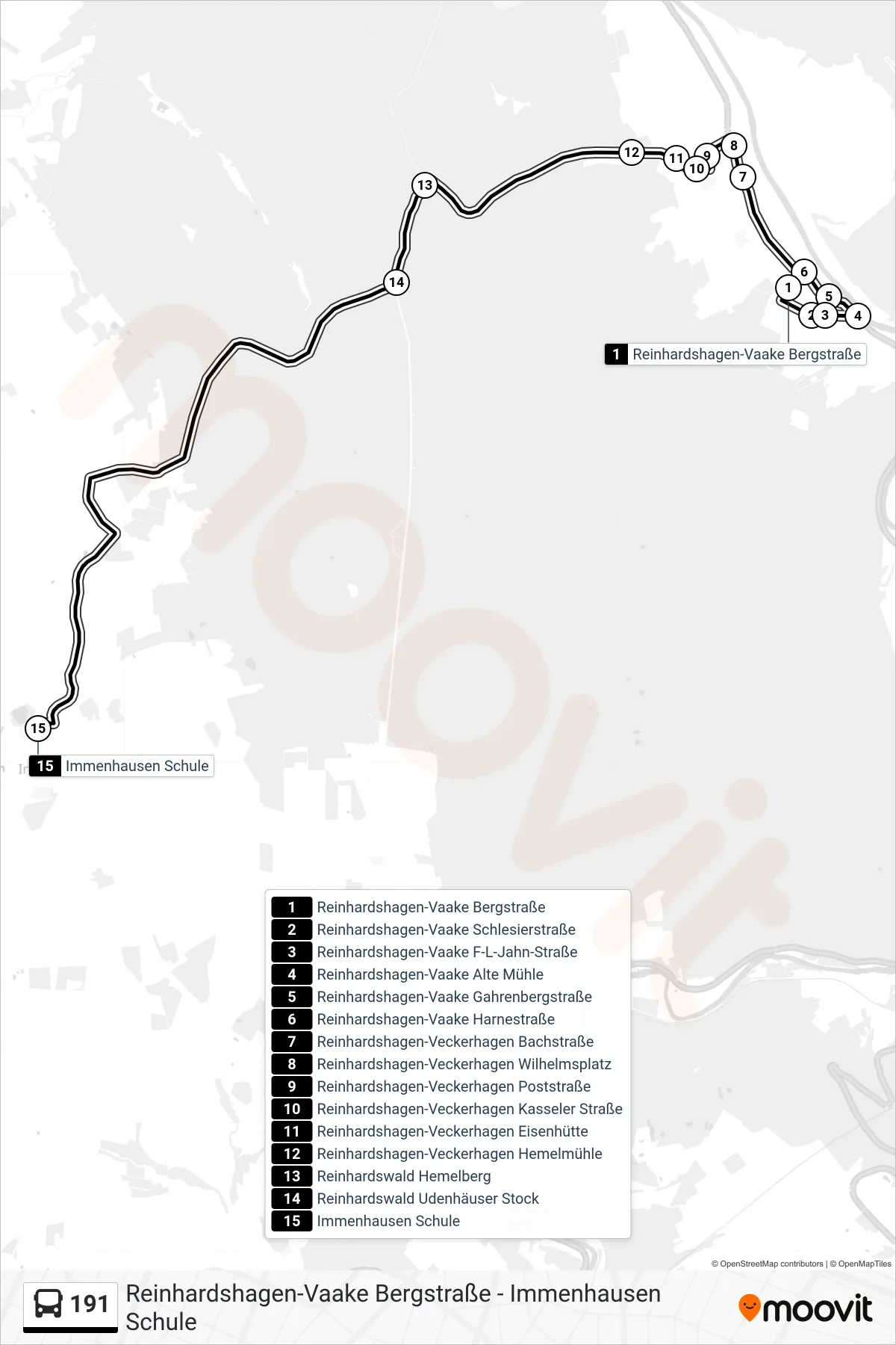 191 bus Line (Immenhausen, Schule) route and stops on a map