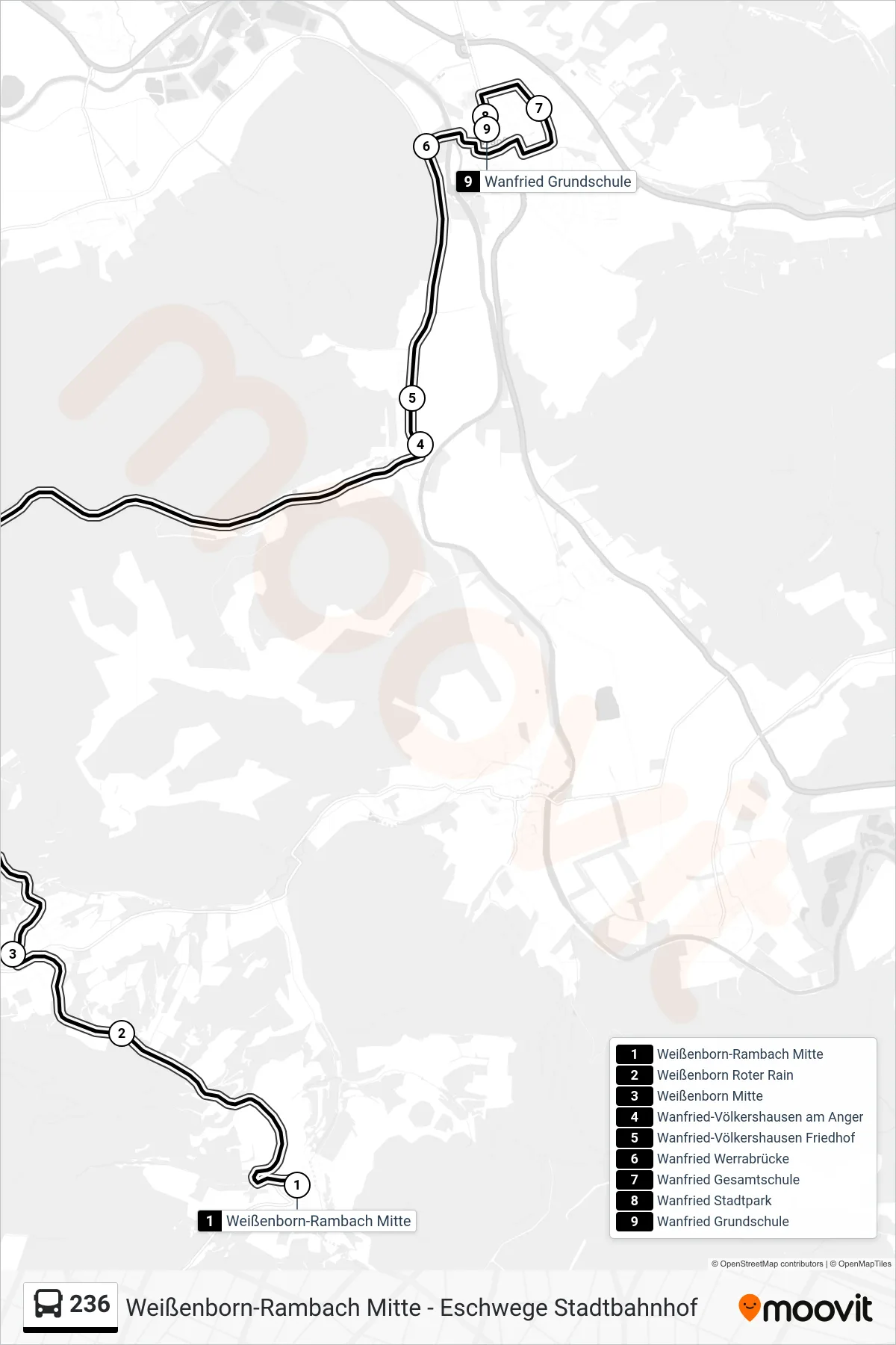 236 bus Line (Wanfried) route and stops on a map