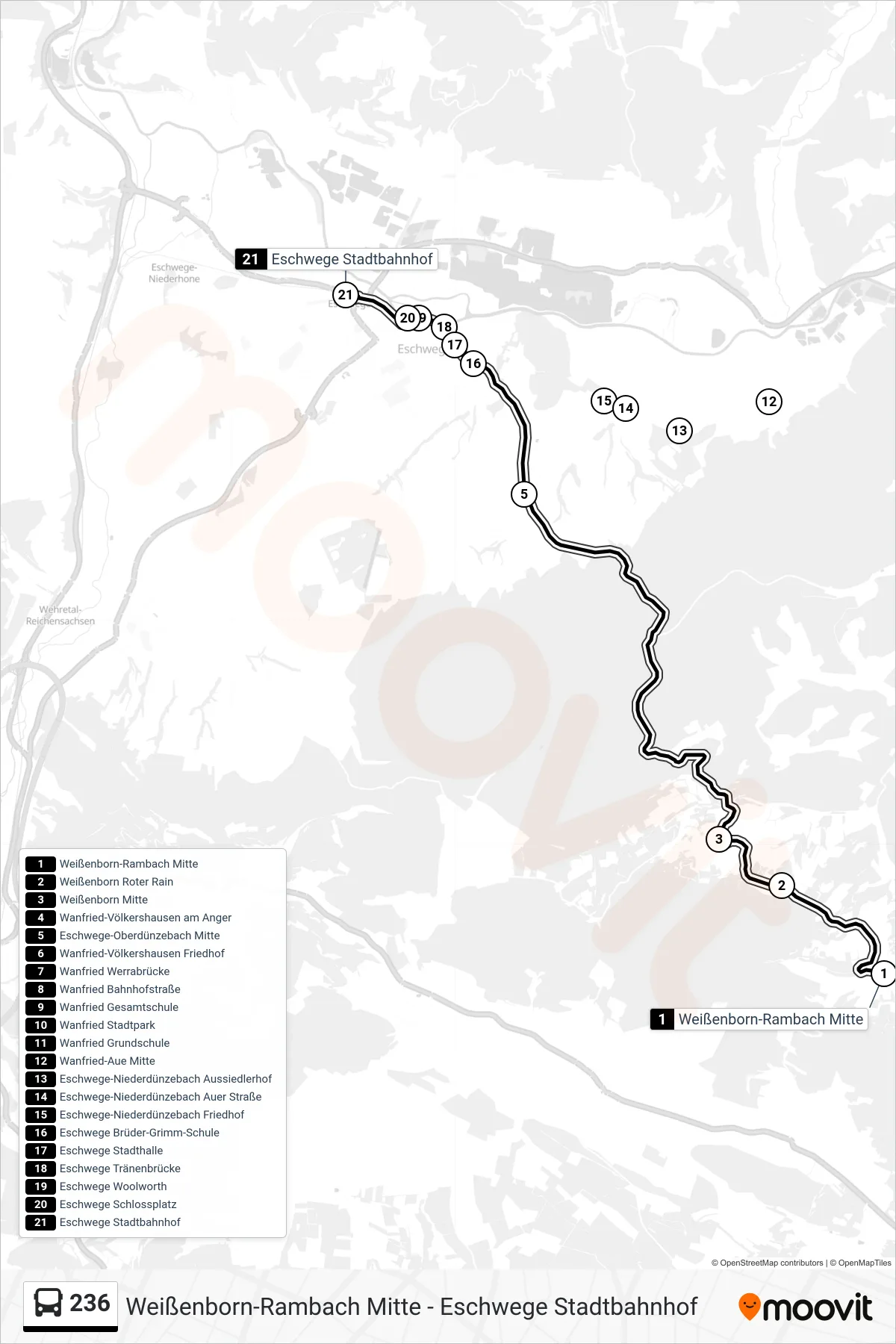 236 bus Line (Eschwege) route and stops on a map