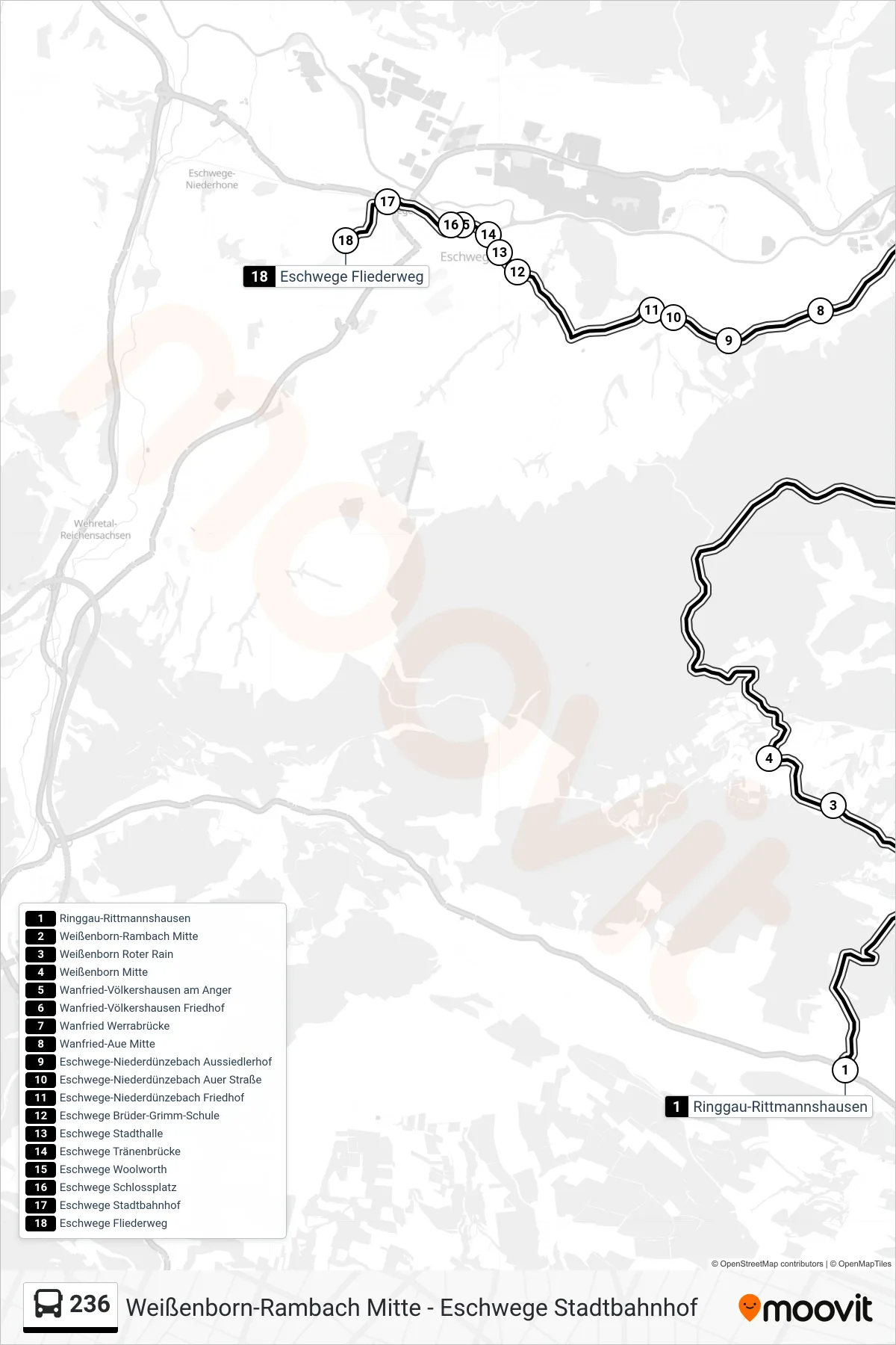 236 bus Line (Eschwege Schulzentrum) route and stops on a map