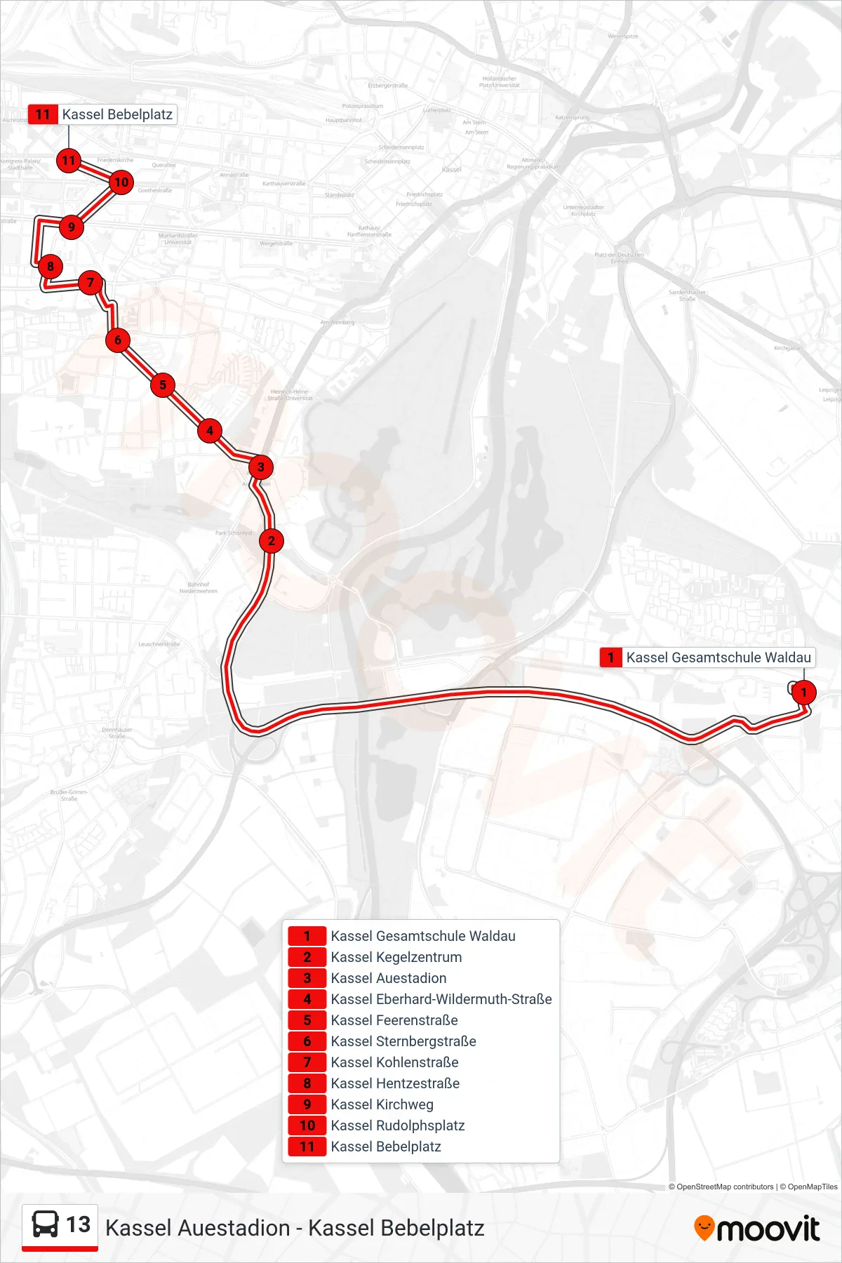 13 bus Line (Kassel Bebelplatz) route and stops on a map