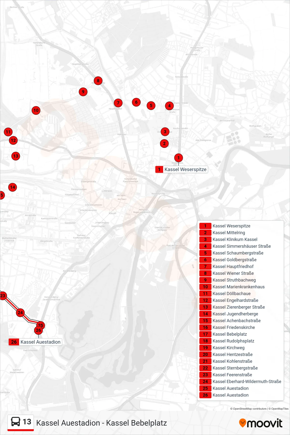13 bus Line (Kassel Auestadion) route and stops on a map